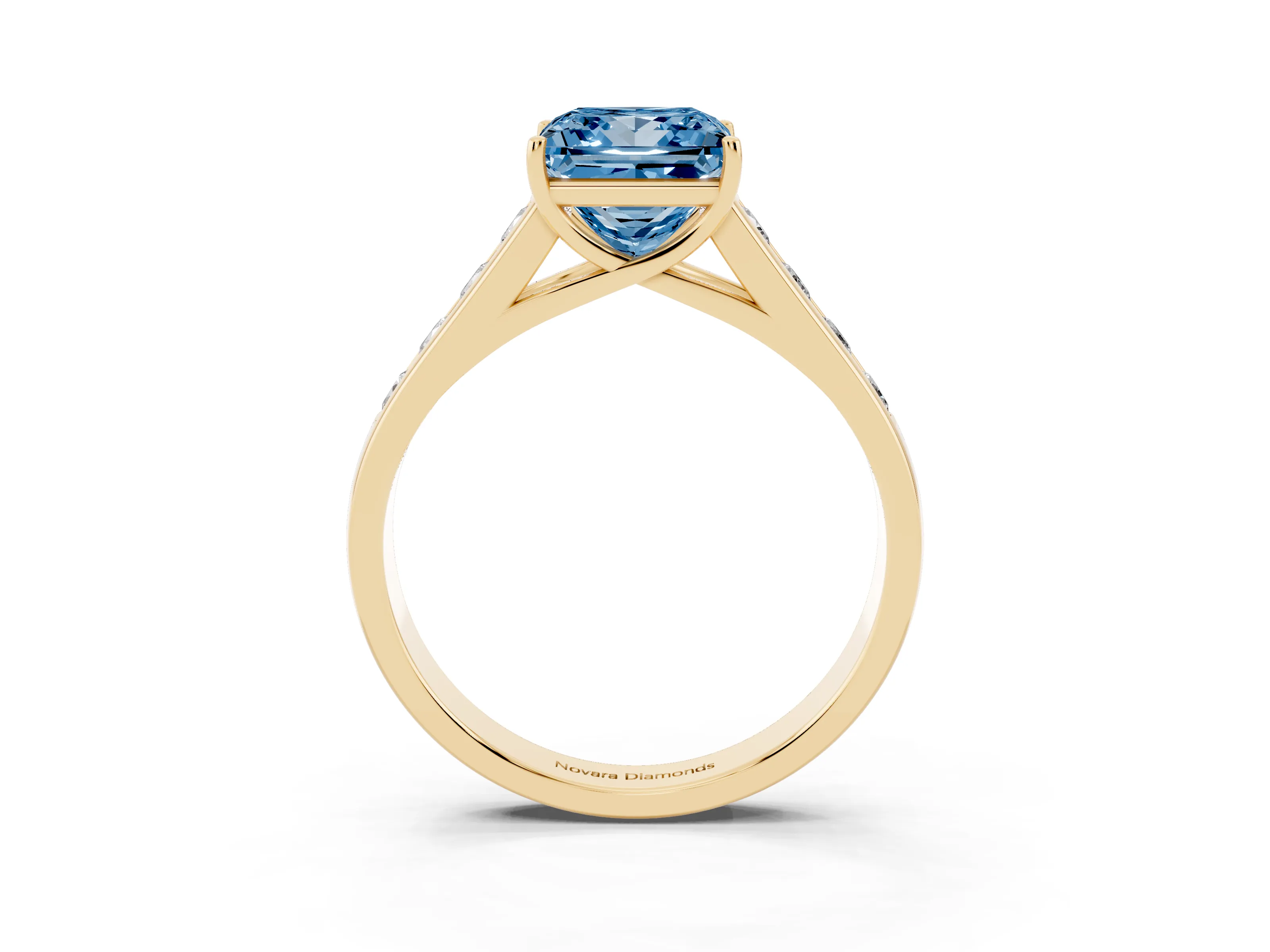 Fancy Blue Princess Cut Diamond Solitaire Channel-Set Engagement Ring Set in Yellow gold with Prong Setting
