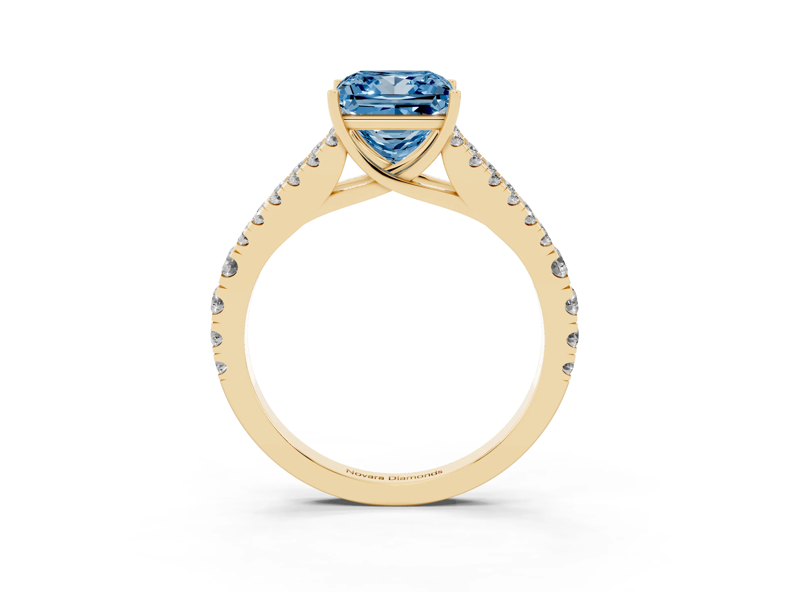 Fancy Blue Princess Cut Diamond Split Shank Pavé Engagement Ring Set in Yellow gold with Prong-Held Center Stone
