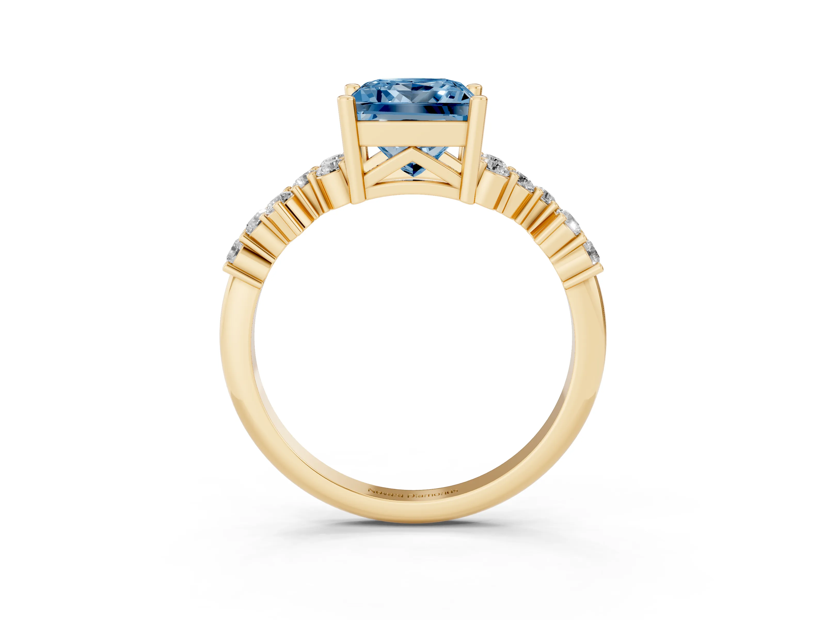 Fancy Blue Princess Cut Diamond Ring Set in Yellow gold with Scattered Round Accents