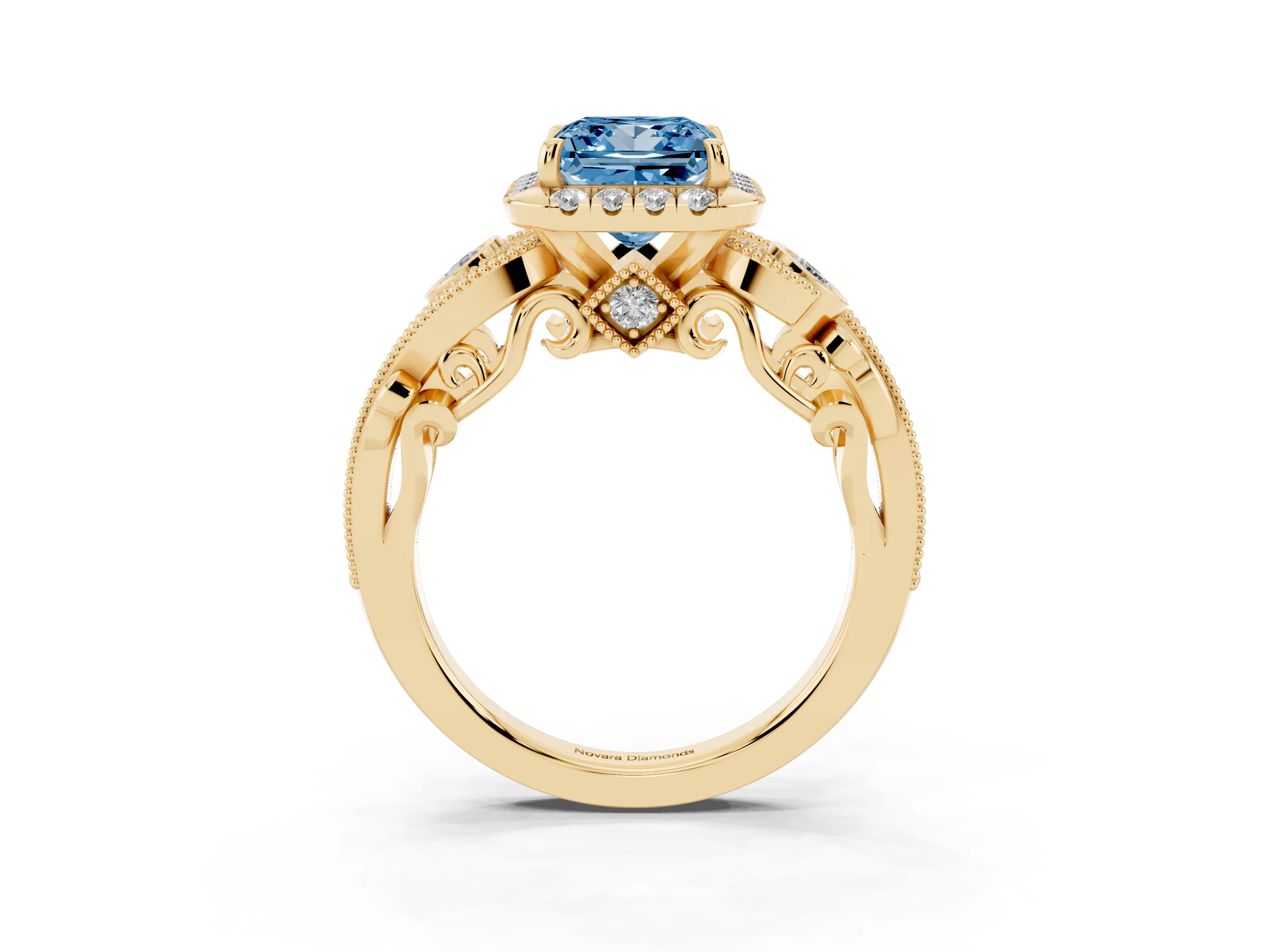 Fancy Blue Princess Cut Diamond Halo Split Shank Ring Set in Yellow gold with Milgrain and Bezel Accents