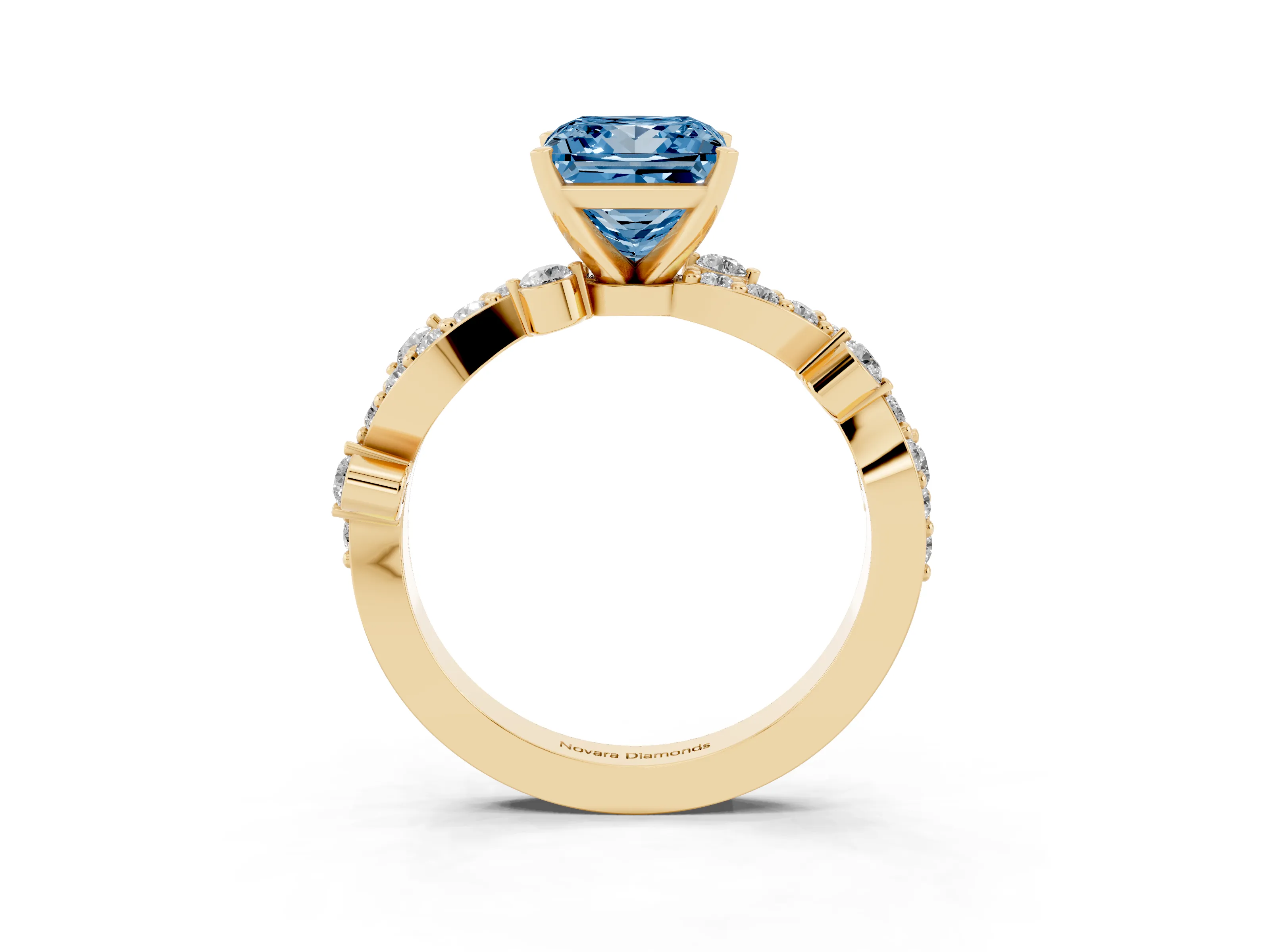 Fancy Blue Princess Cut Diamond Solitaire Twisted Band Set in Yellow gold with Pavé Setting