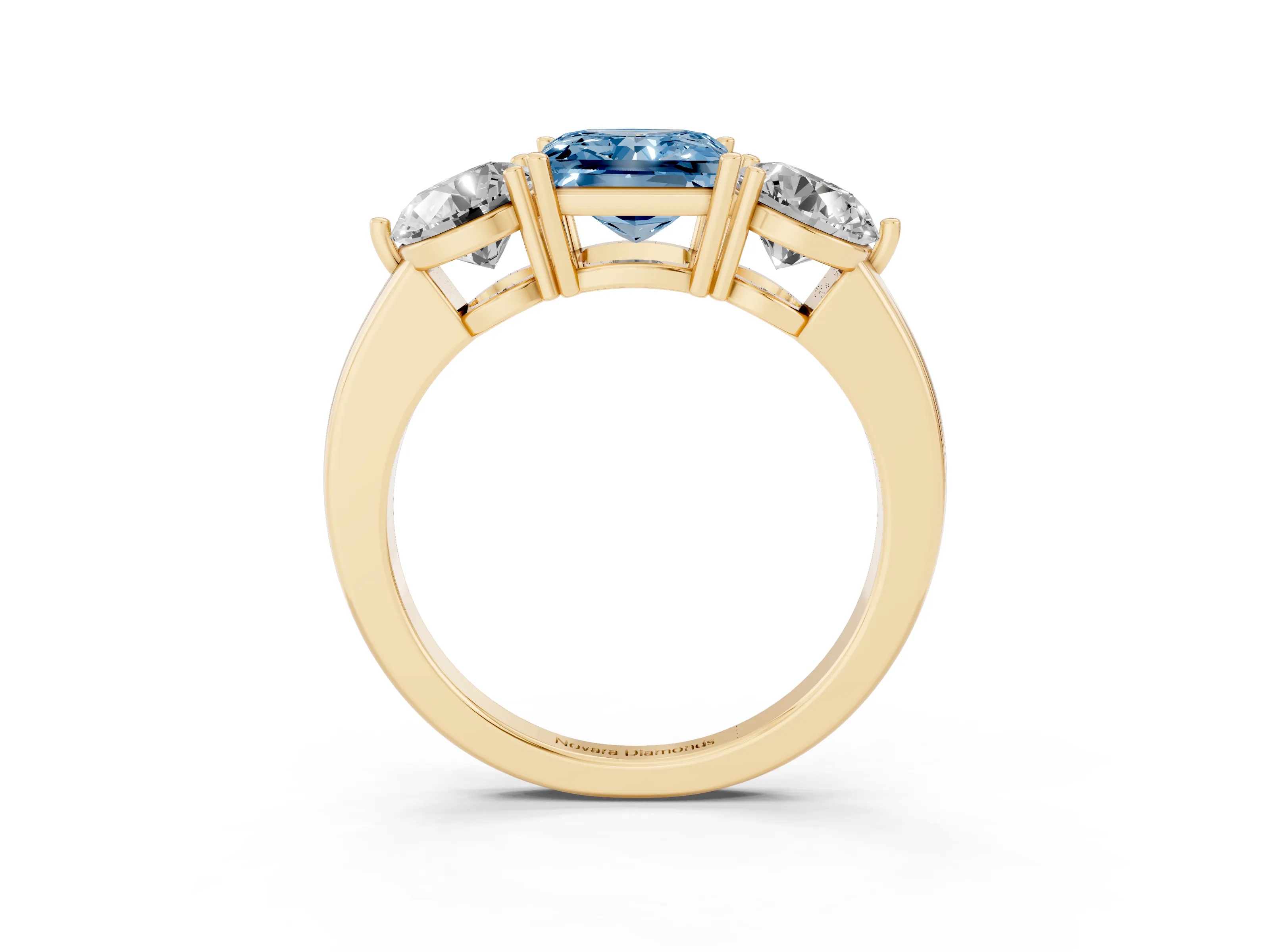 Fancy Blue Princess Cut Diamond Three-Stone Ring Set in Yellow gold with Prong Setting and Plain Band