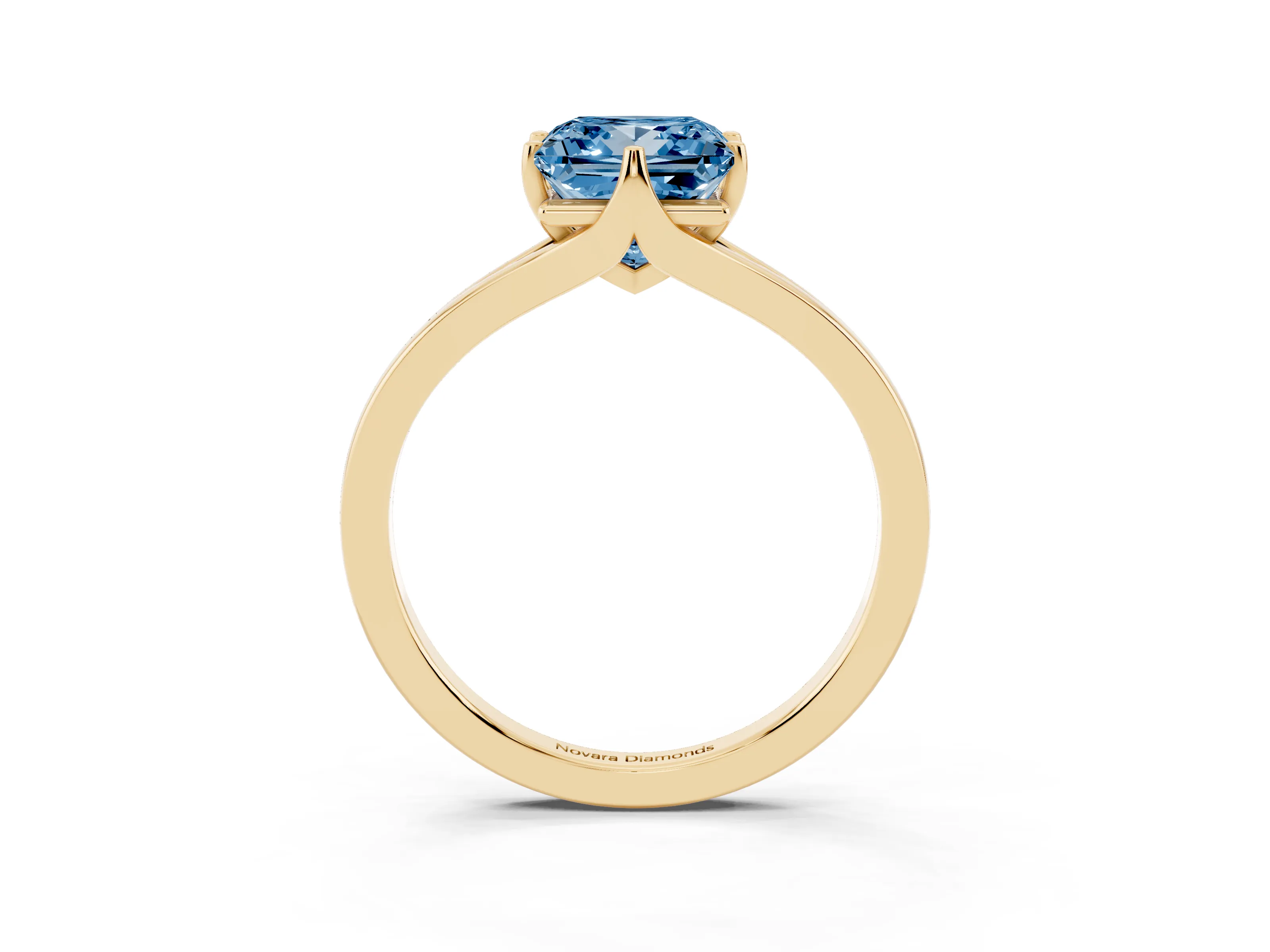 Fancy Blue Princess Cut Diamond Solitaire Ring Set in Yellow gold with Polished Tapered Band and Prong Setting