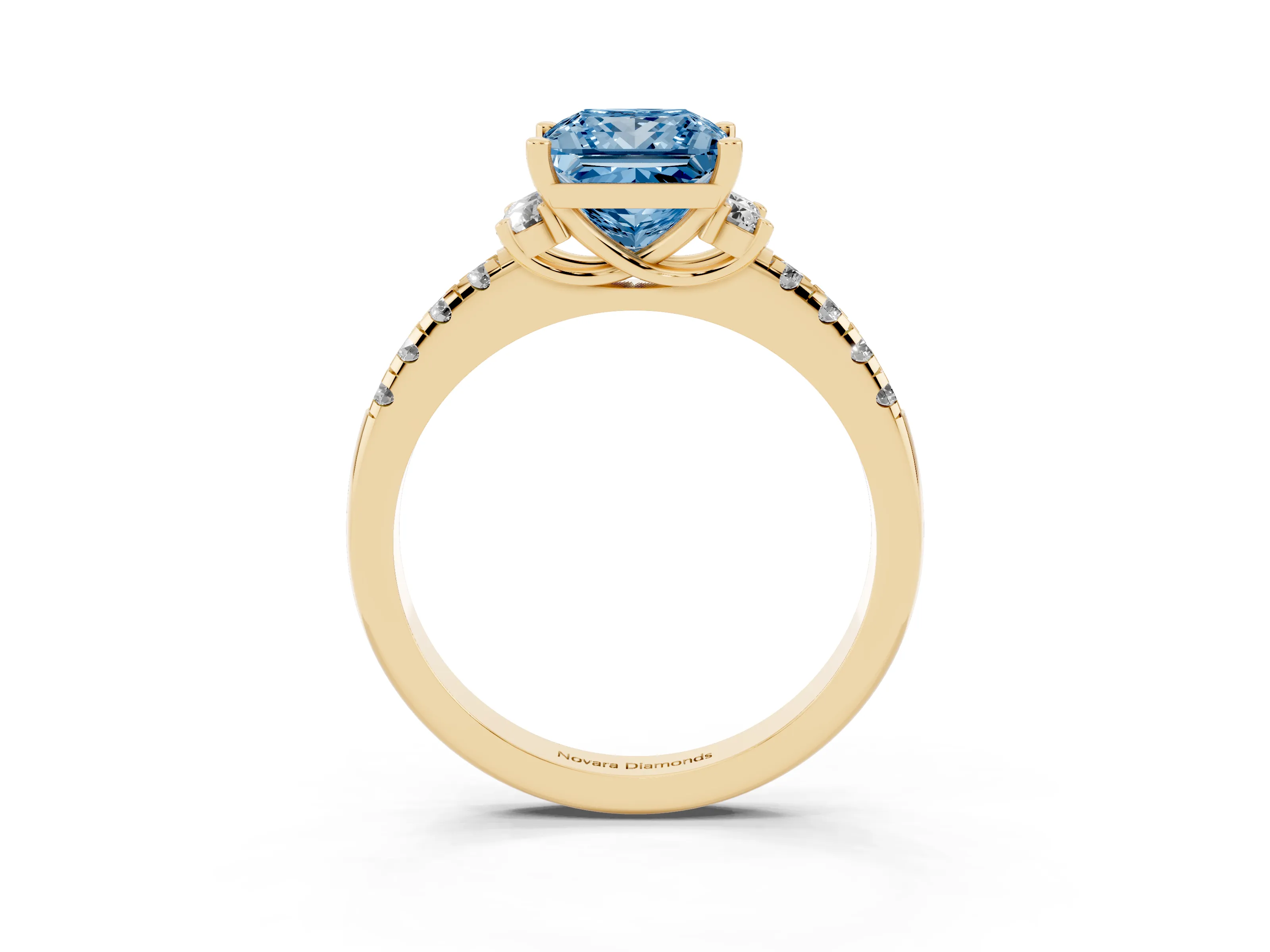 Fancy Blue Princess Cut Diamond Three-Stone Pavé Ring Set in Yellow gold with Prong Setting