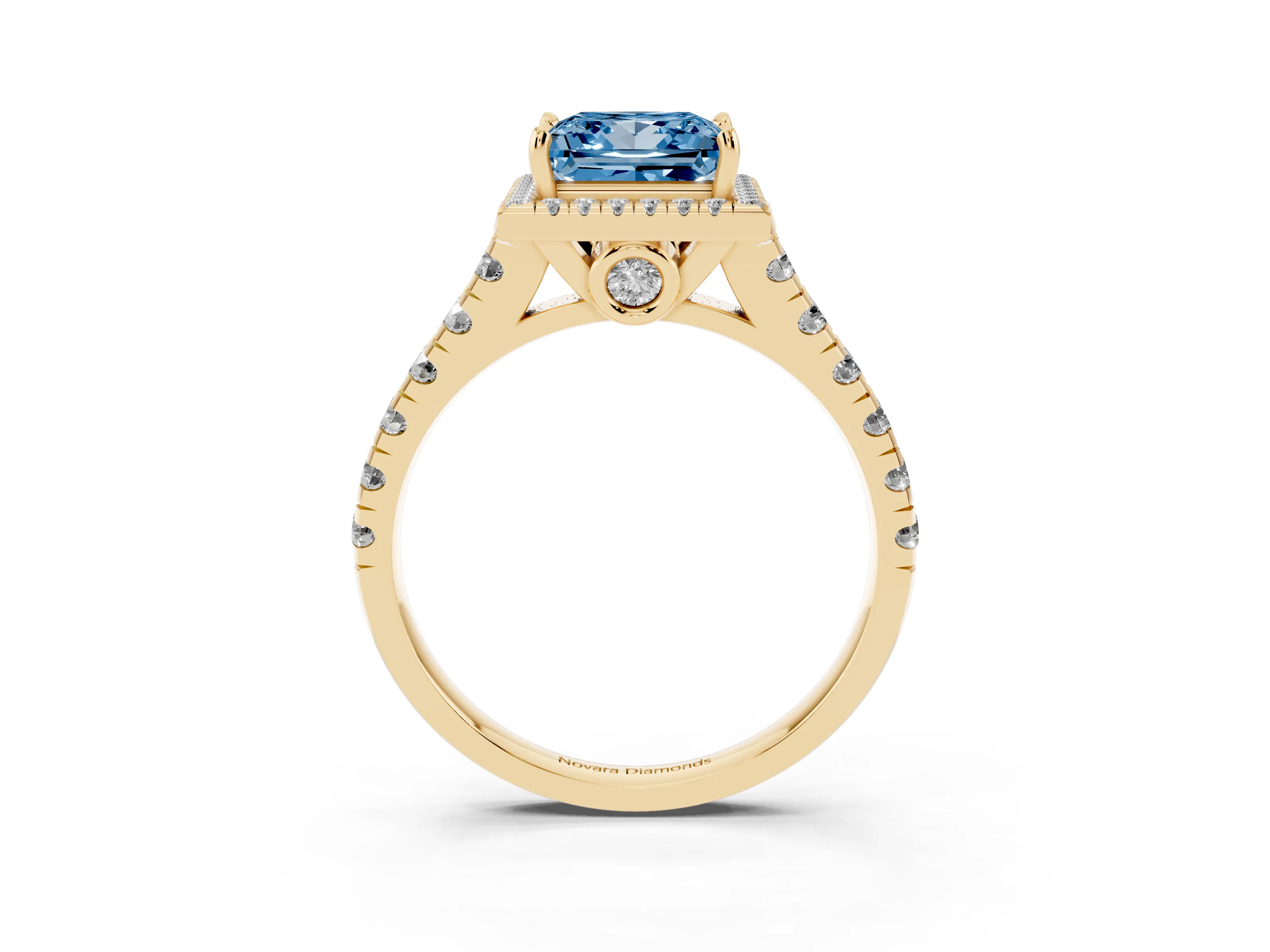 Fancy Blue Princess Cut Diamond Halo Engagement Ring Set in Yellow gold with Pavé Band and Prong-Set Center