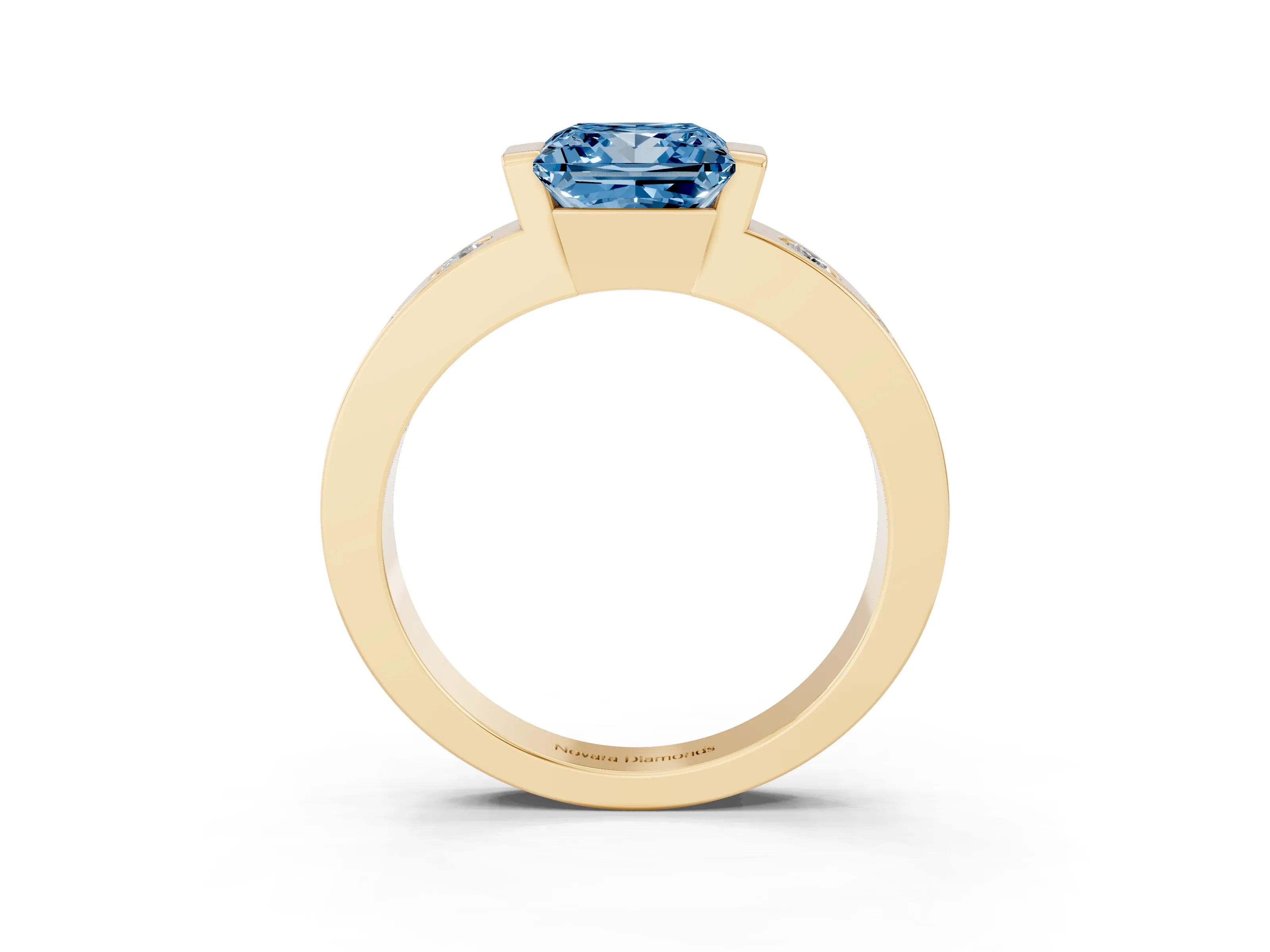 Fancy Blue Princess Cut Diamond Channel-Set Band Ring Set in Yellow gold with Bezel Prong Setting