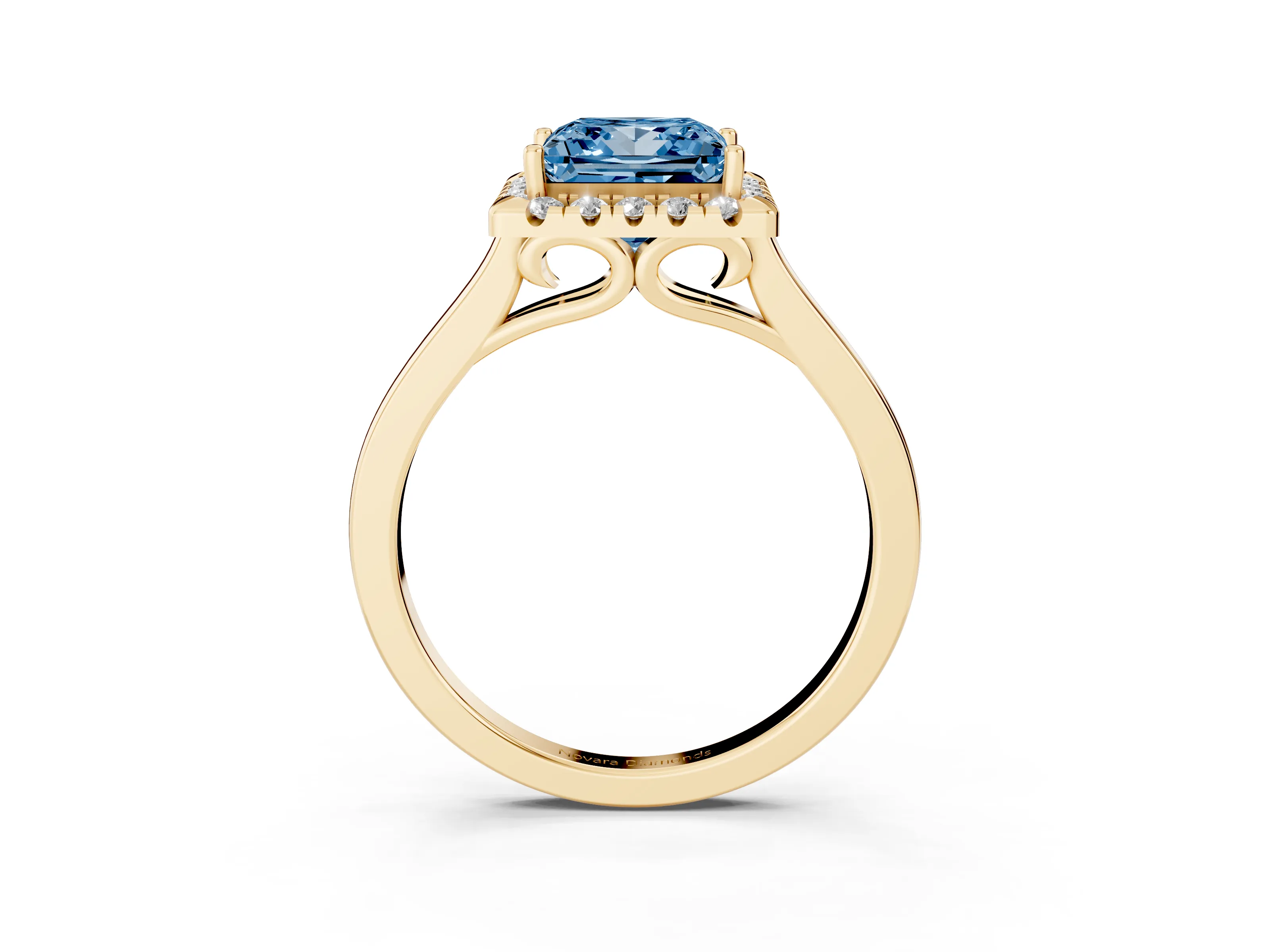 Fancy Blue Princess Cut Halo Round Diamond Solitaire Ring Set in Yellow gold with Pavé Band and Prong Setting