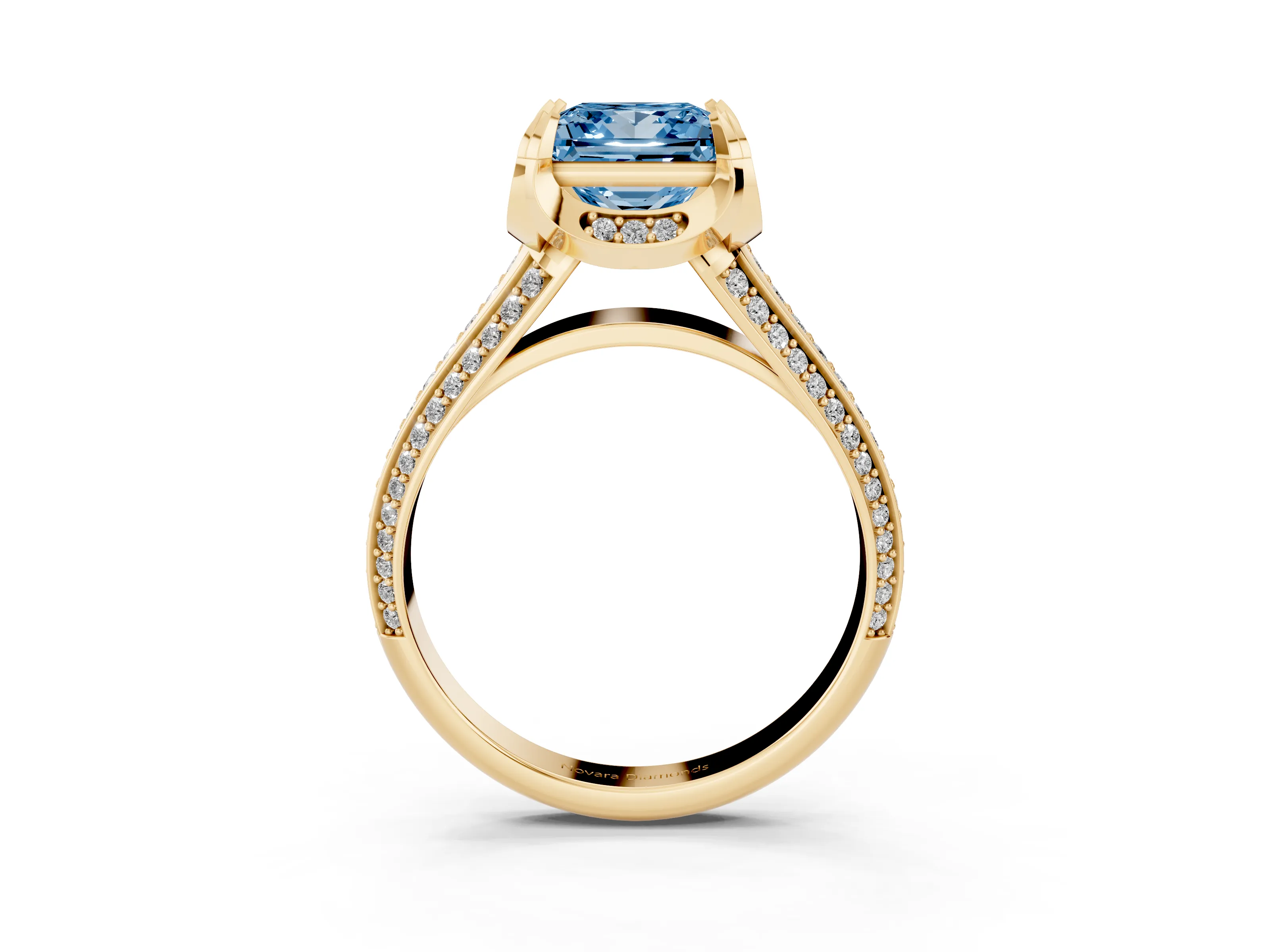 Fancy Blue Princess Cut Diamond Pavé Split Shank Solitaire Ring Set in Yellow gold with Prong Setting