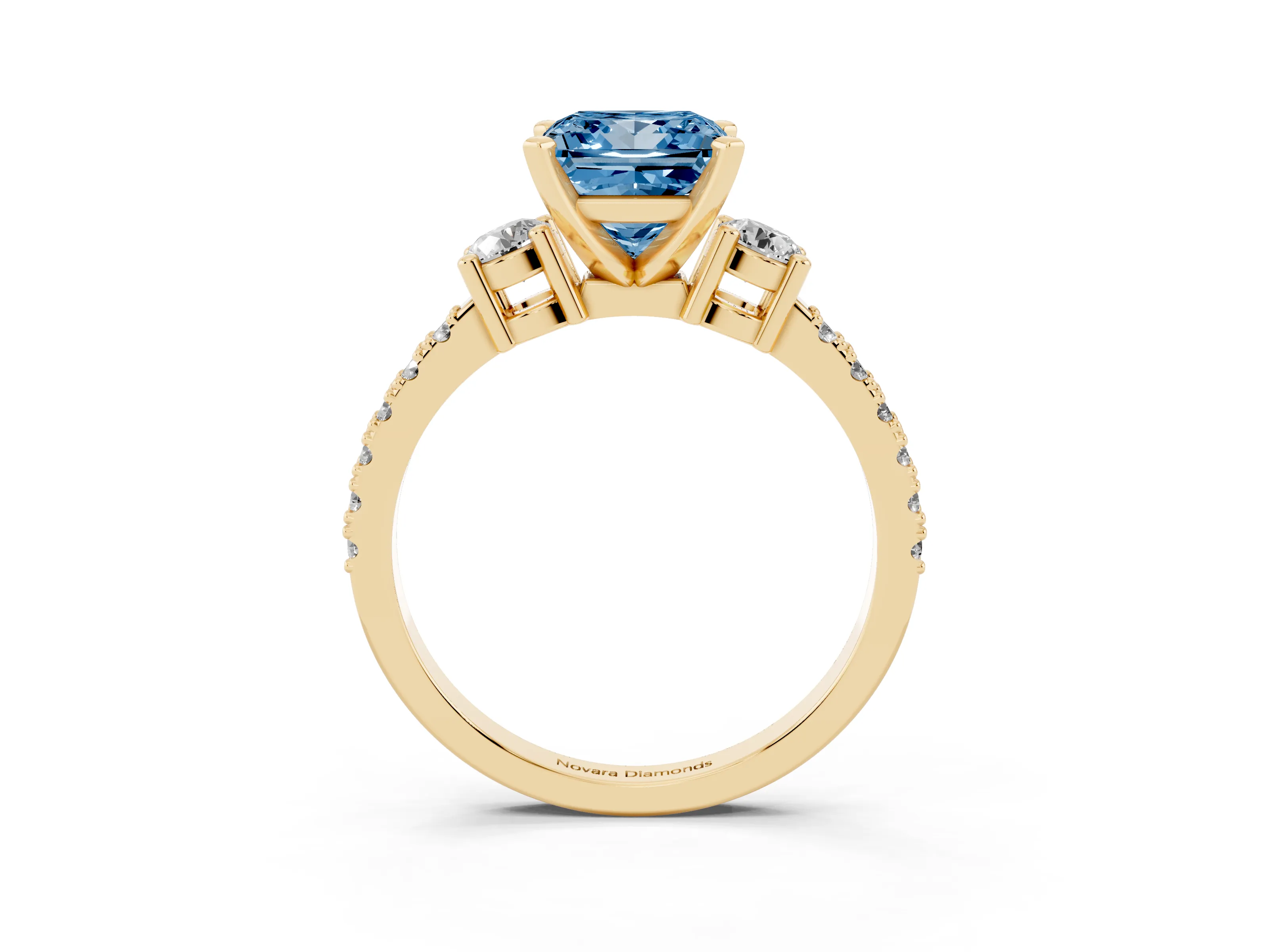 Fancy Blue Three-Stone Princess Cut Diamond Pavé Band Ring Set in Yellow gold with Prong Setting