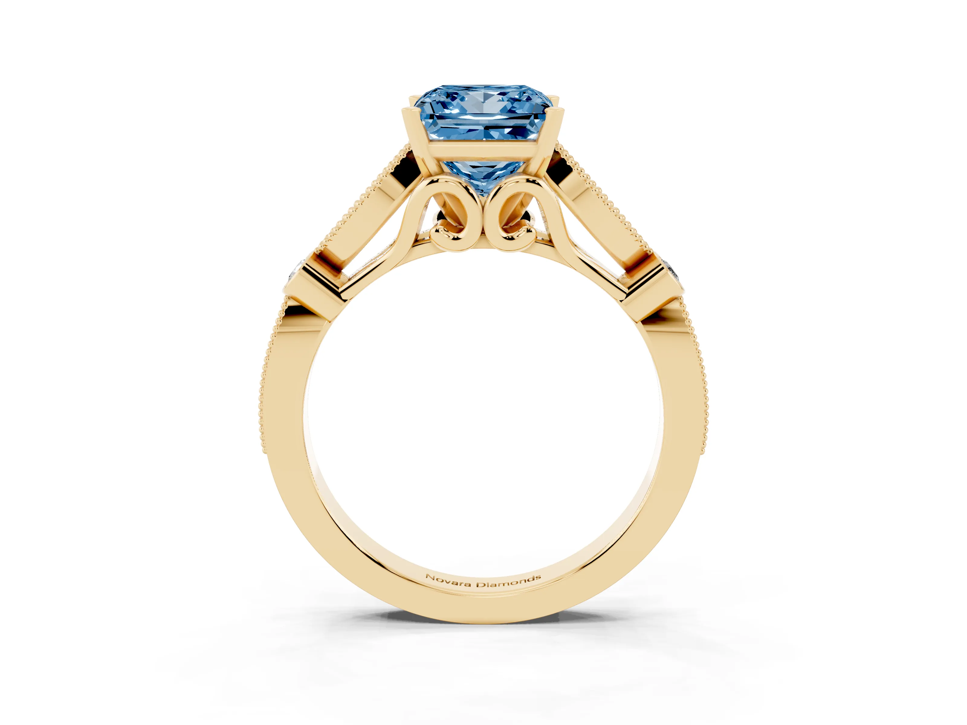 Fancy Blue Princess Cut Diamond Solitaire Ring Set in Yellow gold with Milgrain Marquise and Bezel Accents