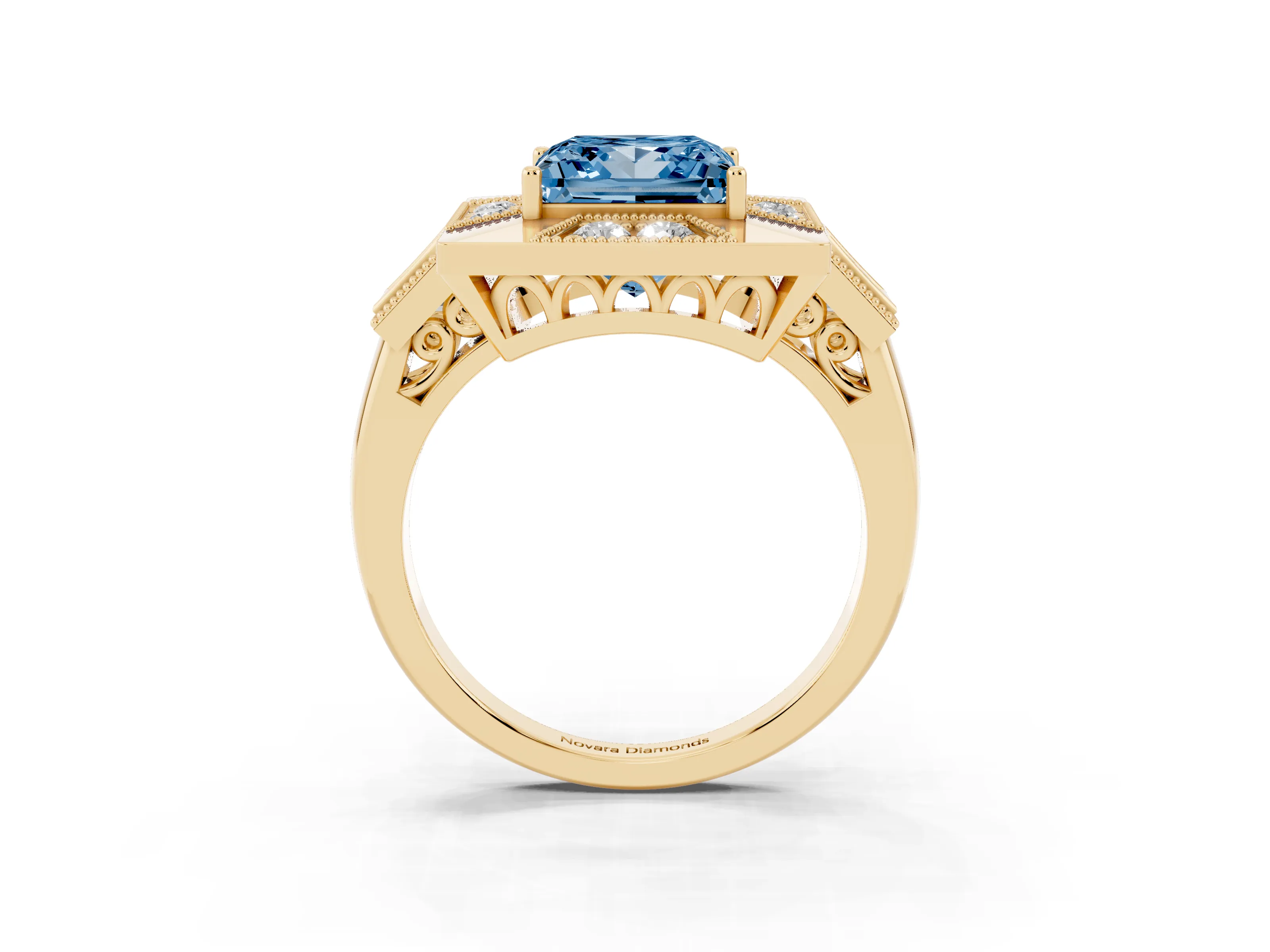 Fancy Blue Princess Cut Diamond Milgrain Halo Ring Set in Yellow gold with Split Shank