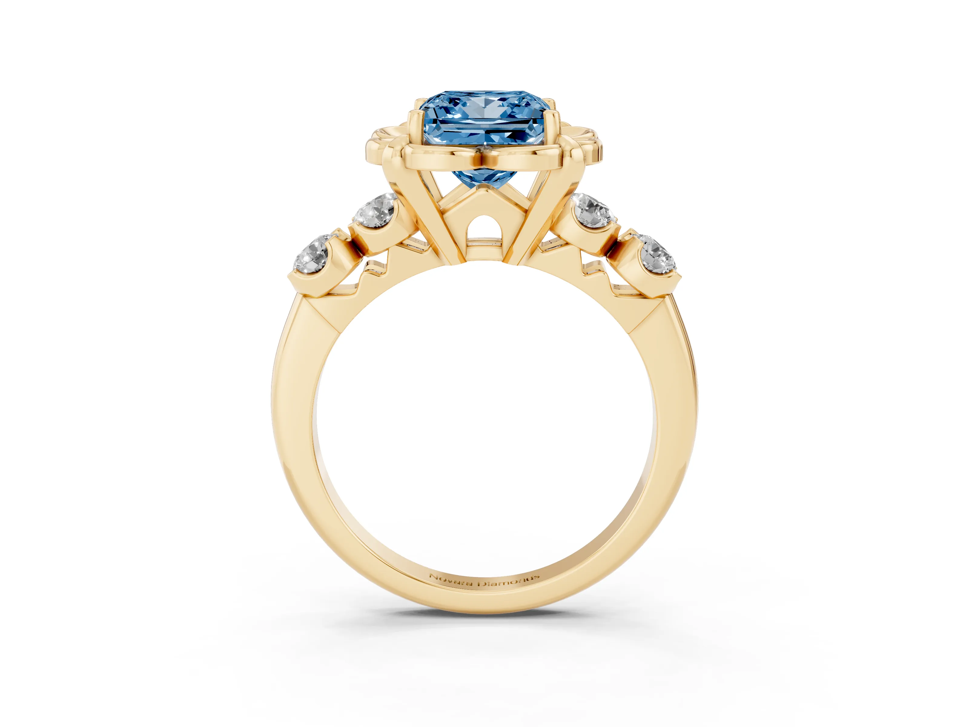 Fancy Blue Princess Cut Diamond Floral Halo Ring Set in Yellow gold with Shared Prong Band