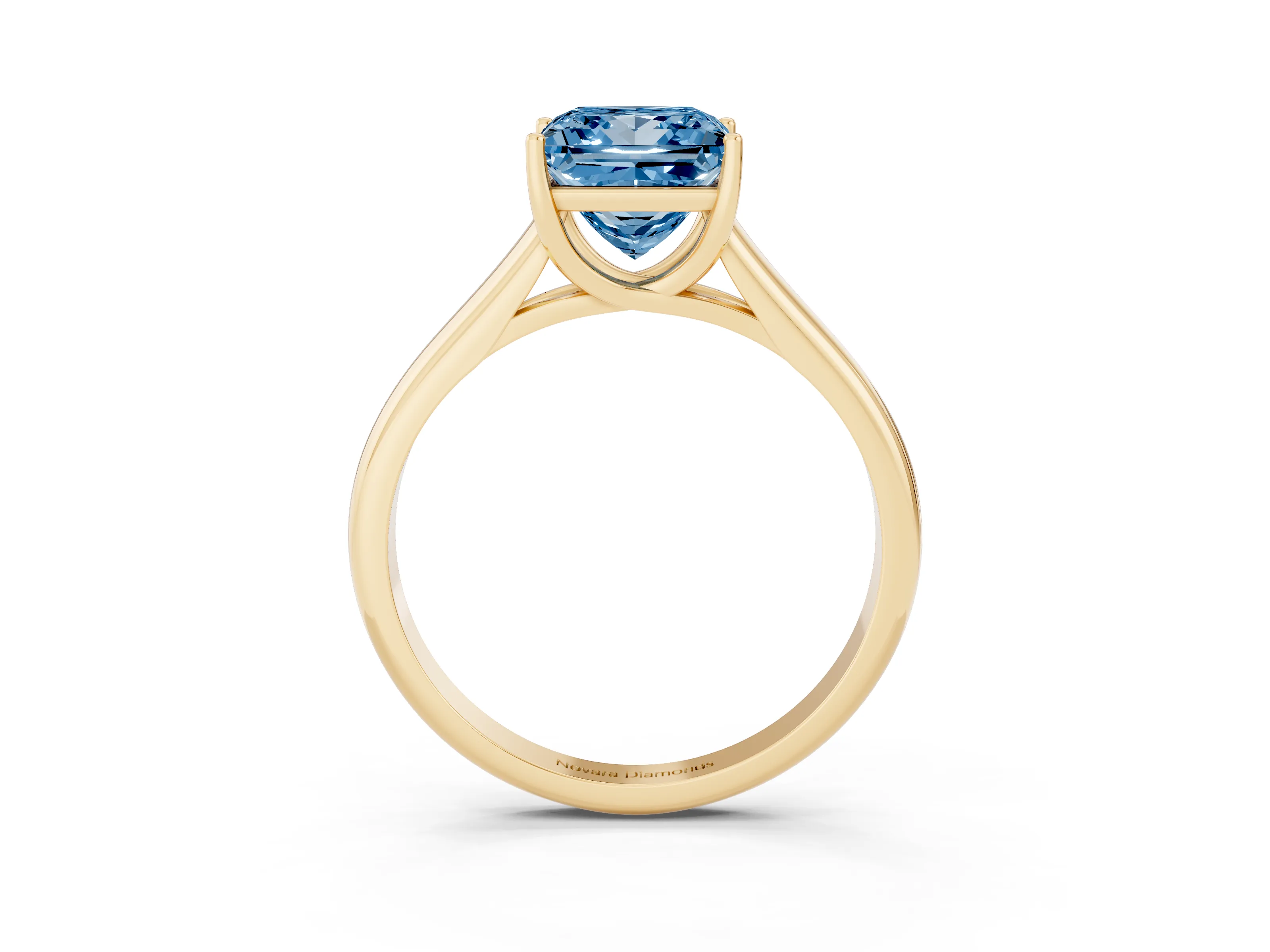 Fancy Blue Princess Cut Diamond Solitaire Engagement Ring Set in Yellow gold with Subtly Tapered Band and Prong Setting