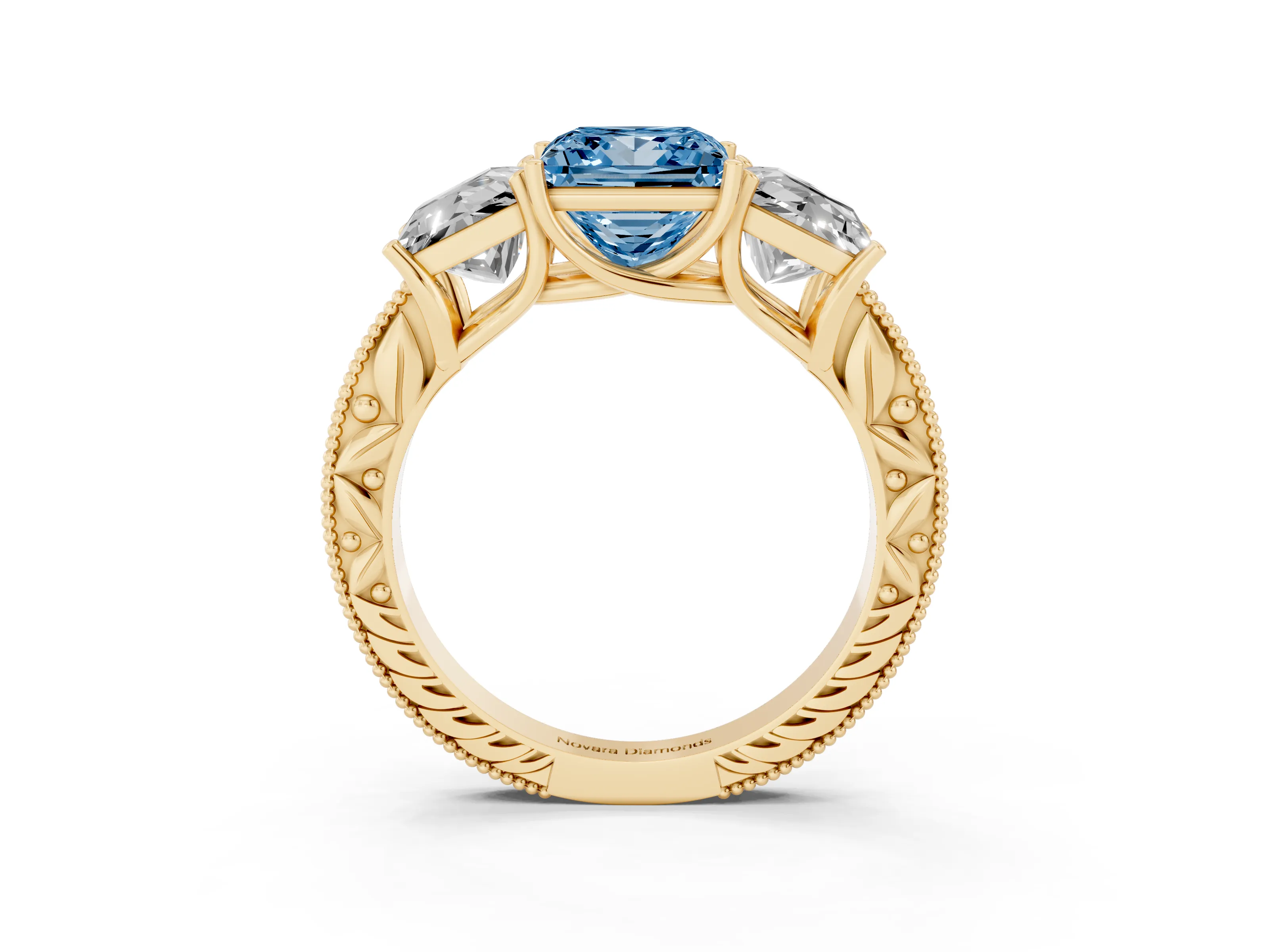 Fancy Blue Princess Cut Diamond Three-Stone Engagement Ring Set in Yellow gold with Milgrain Pavé Band