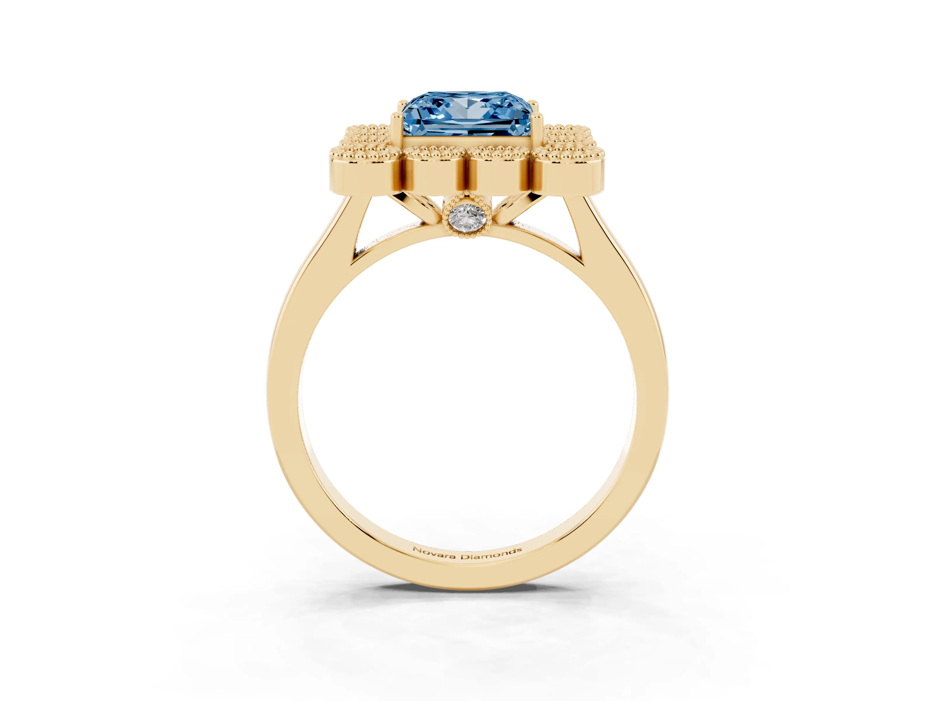 Fancy Blue Princess Cut Diamond Cluster Halo Ring Set in Yellow gold with Milgrain Bezel Accents and Plain Band