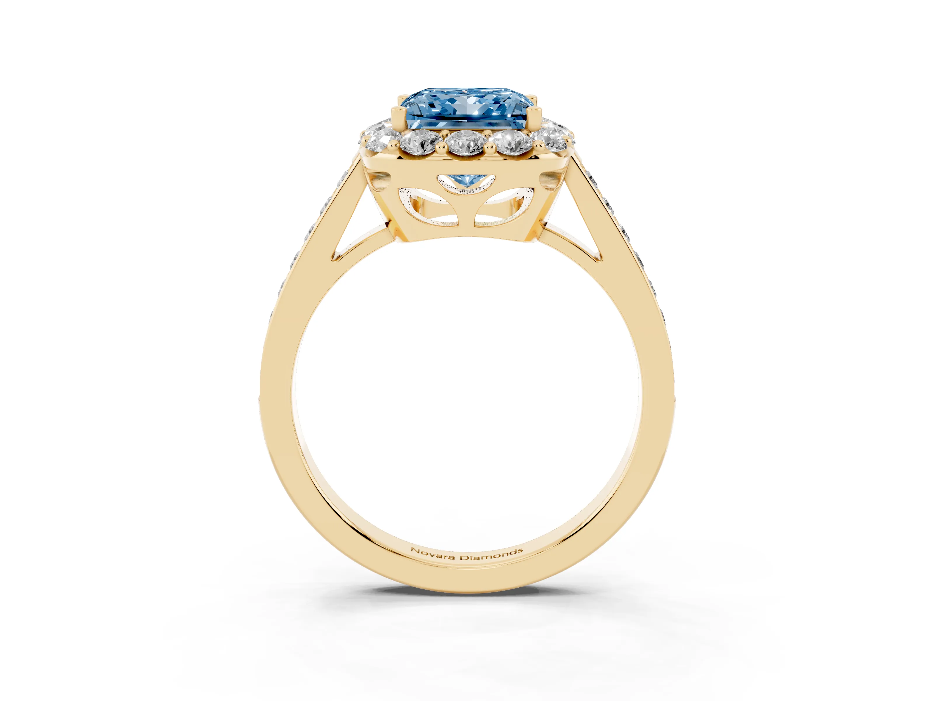 Fancy Blue Princess Cut Diamond Floral Halo Ring Set in Yellow gold with Pavé Band and Prong Setting