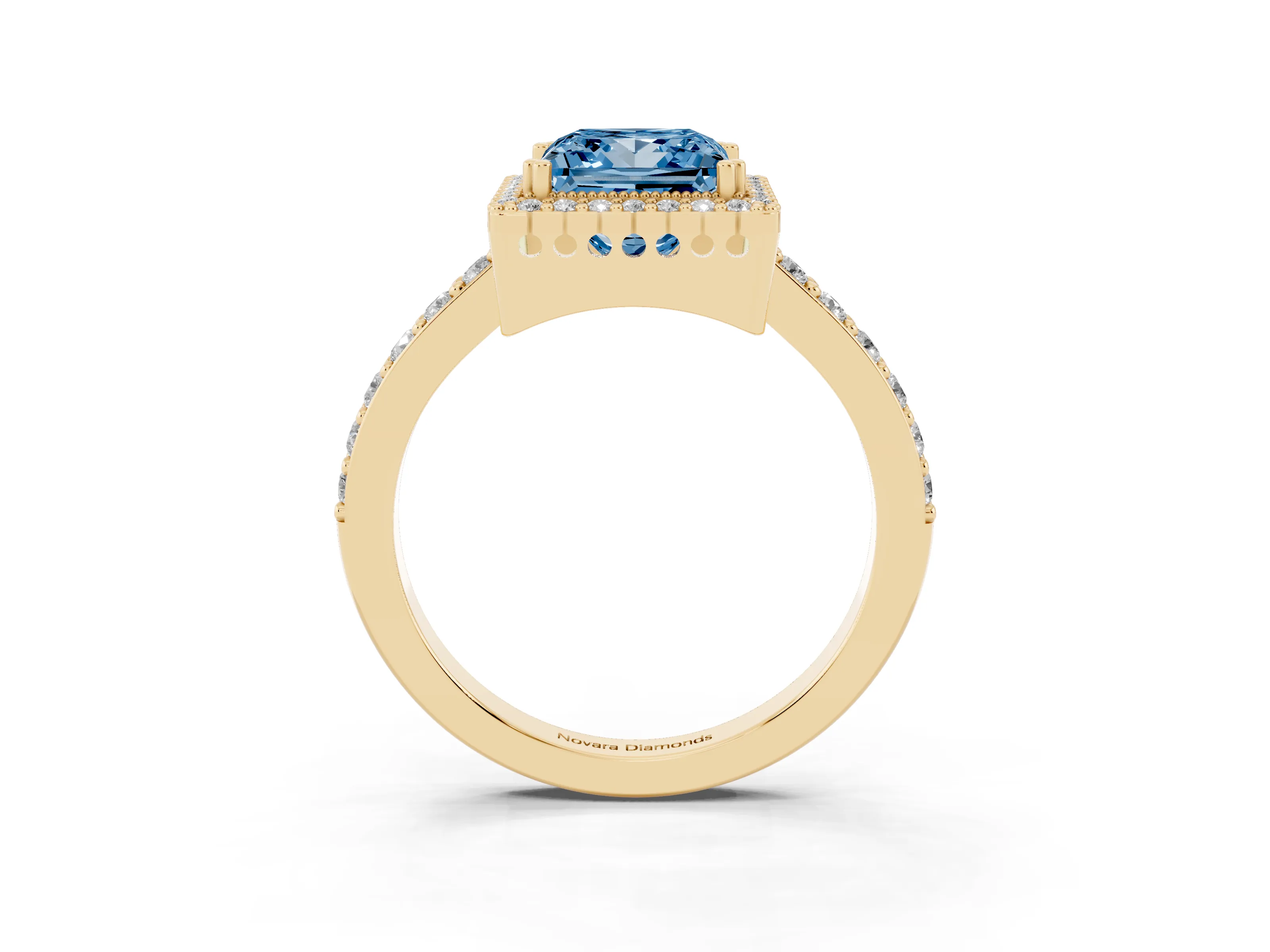 Fancy Blue Princess Cut Diamond Halo Engagement Ring Set in Yellow gold with Milgrain Detail and Pavé Band