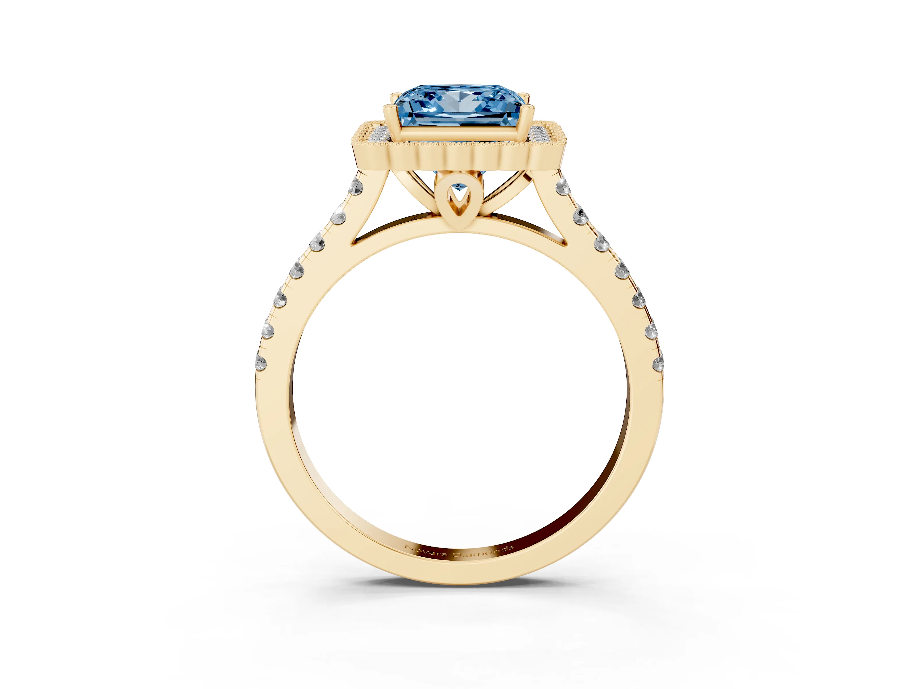Fancy Blue Princess Cut Diamond Milgrain Floral Halo Engagement Ring Set in Yellow gold with Pavé Band