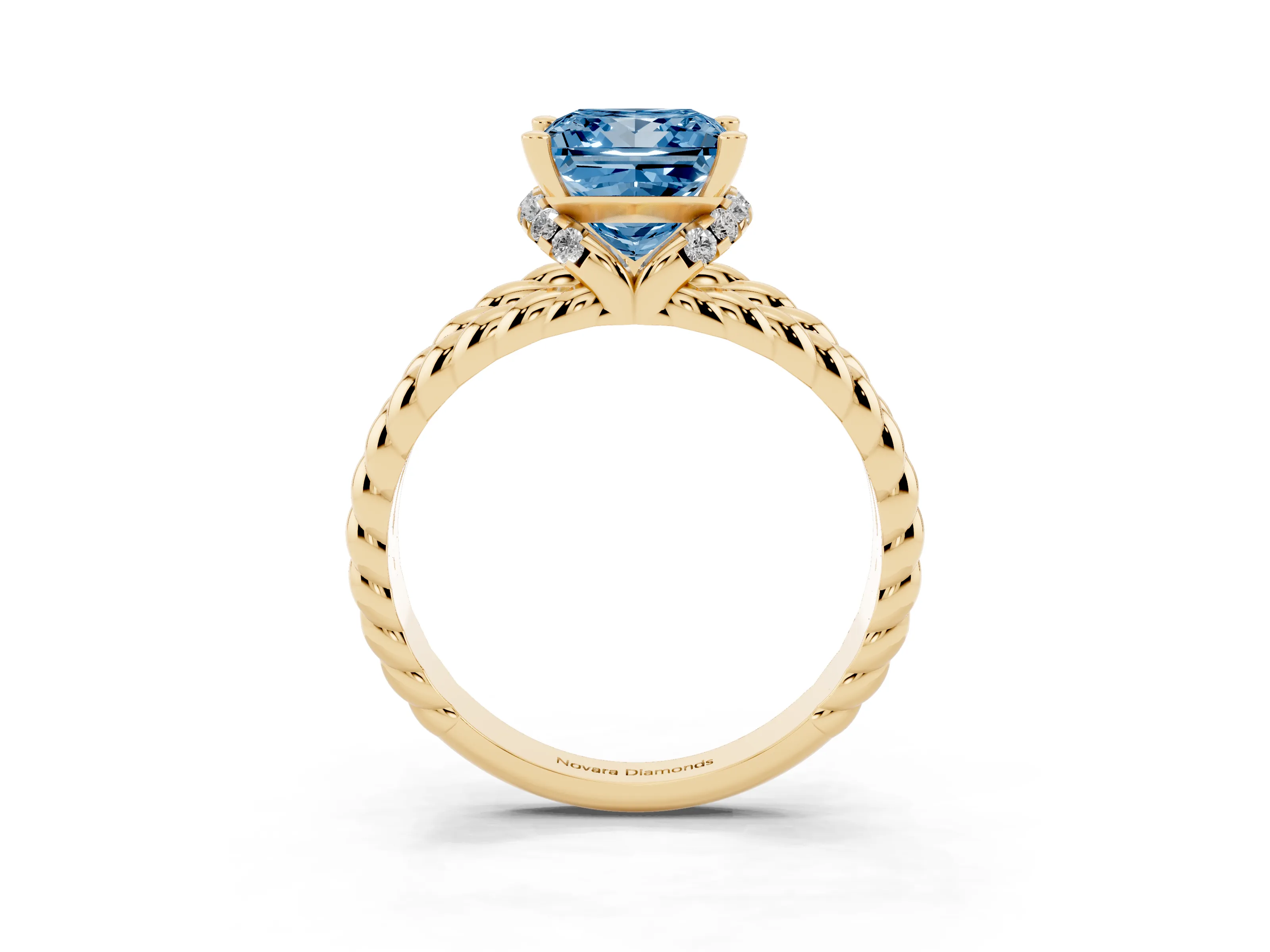 Fancy Blue Princess Cut Diamond Halo Ring Set in Yellow gold with Twisted Band and Prong Setting