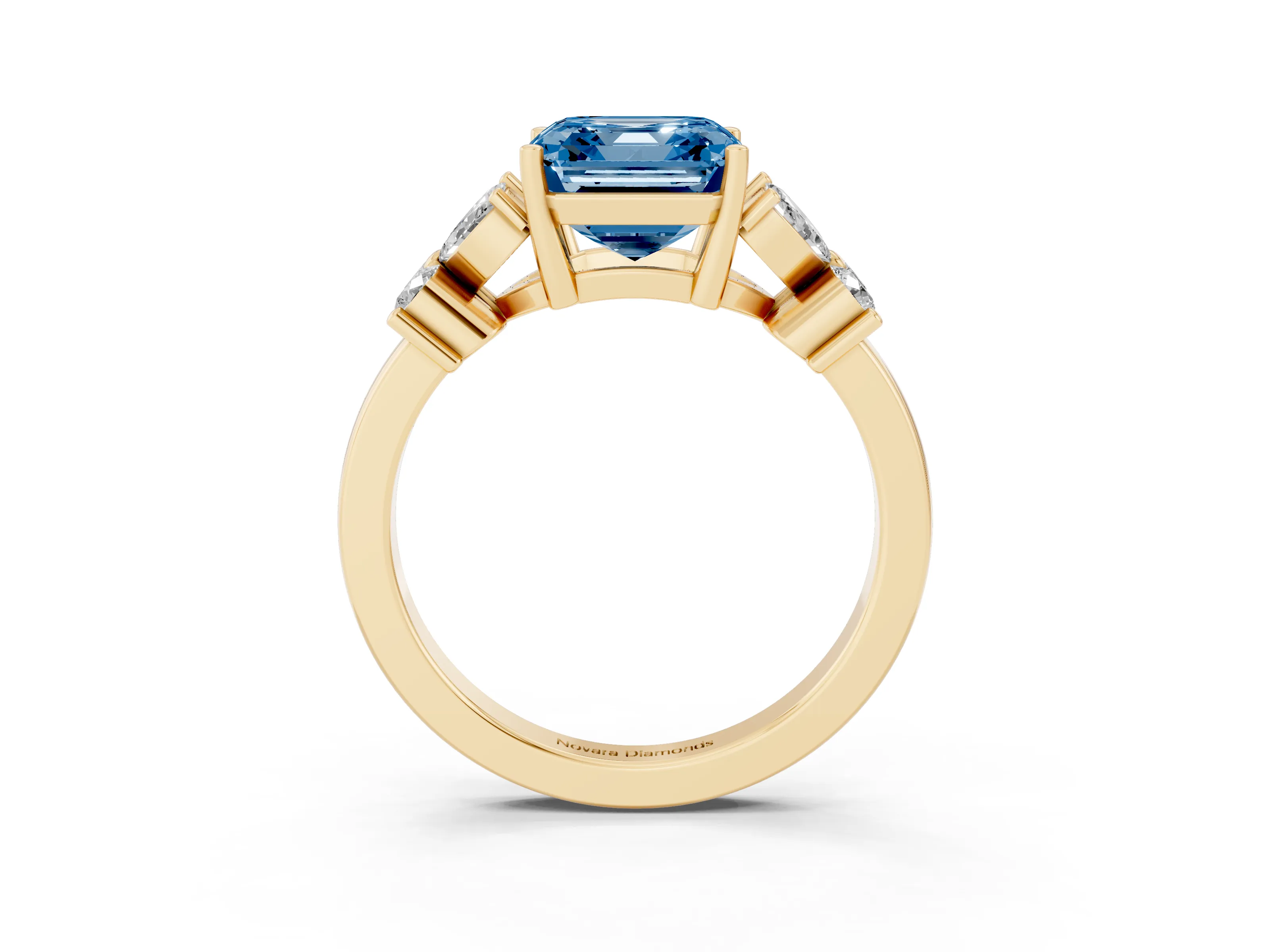 Fancy Blue Princess Cut Diamond Floral Cluster Ring Set in Yellow gold with Marquise Petals and Prong Setting