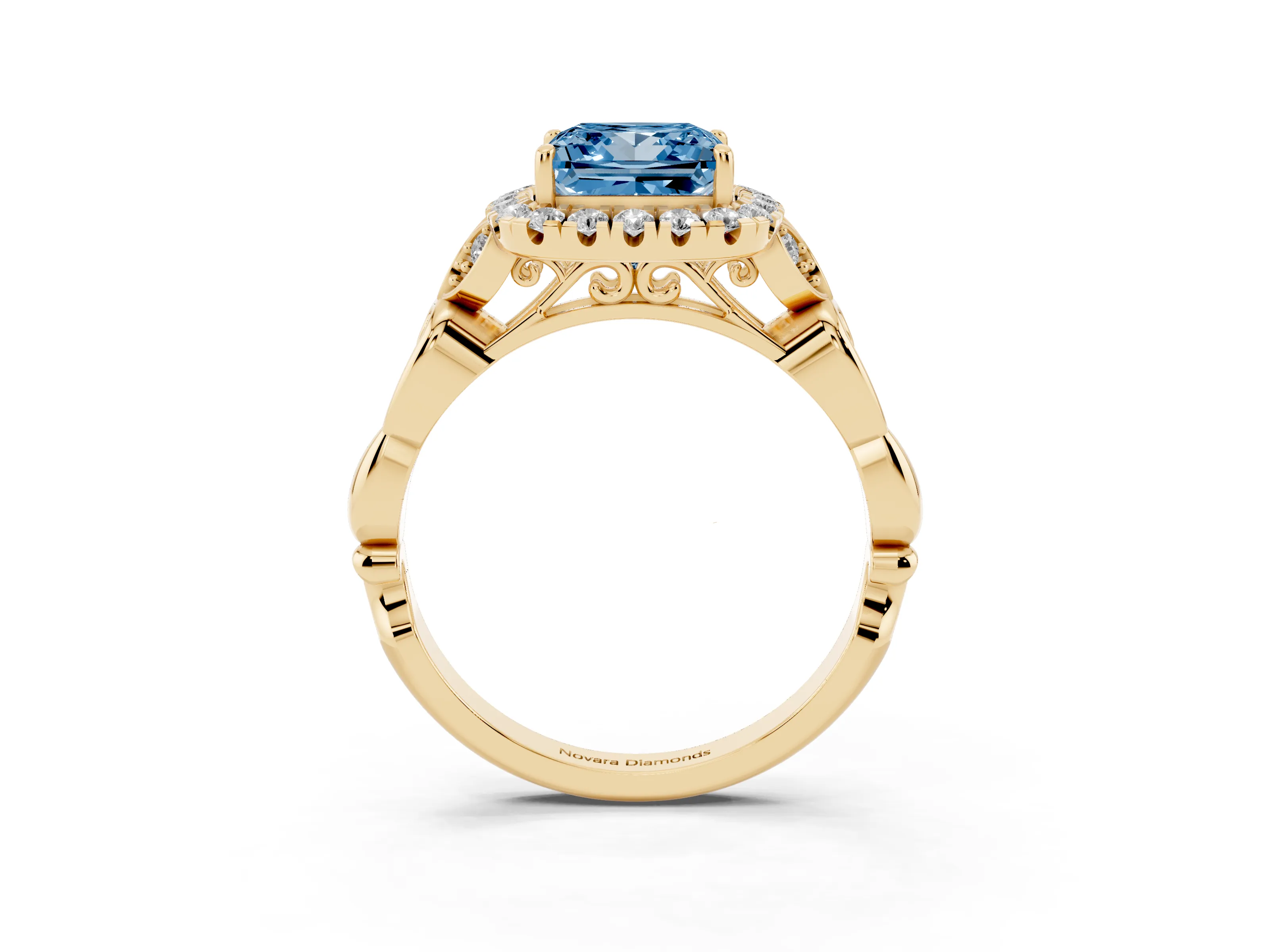 Fancy Blue Princess Cut Diamond Halo Engagement Ring Set in Yellow gold with Vintage-Inspired Band and Prong Setting
