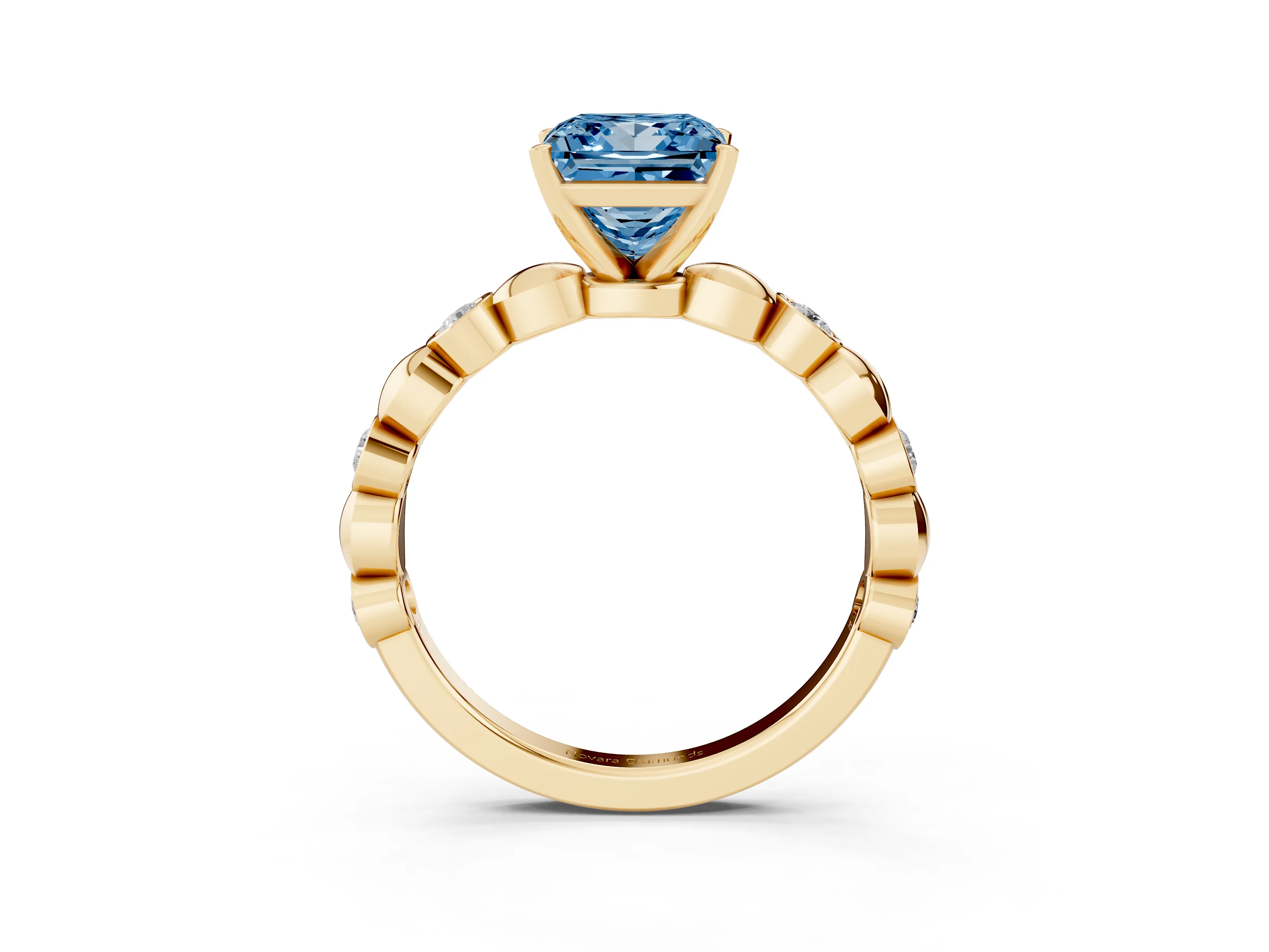 Fancy Blue Princess Cut Diamond Solitaire Ring Set in Yellow gold with Bezel-Set Accents on Beaded Band and Prong Setting