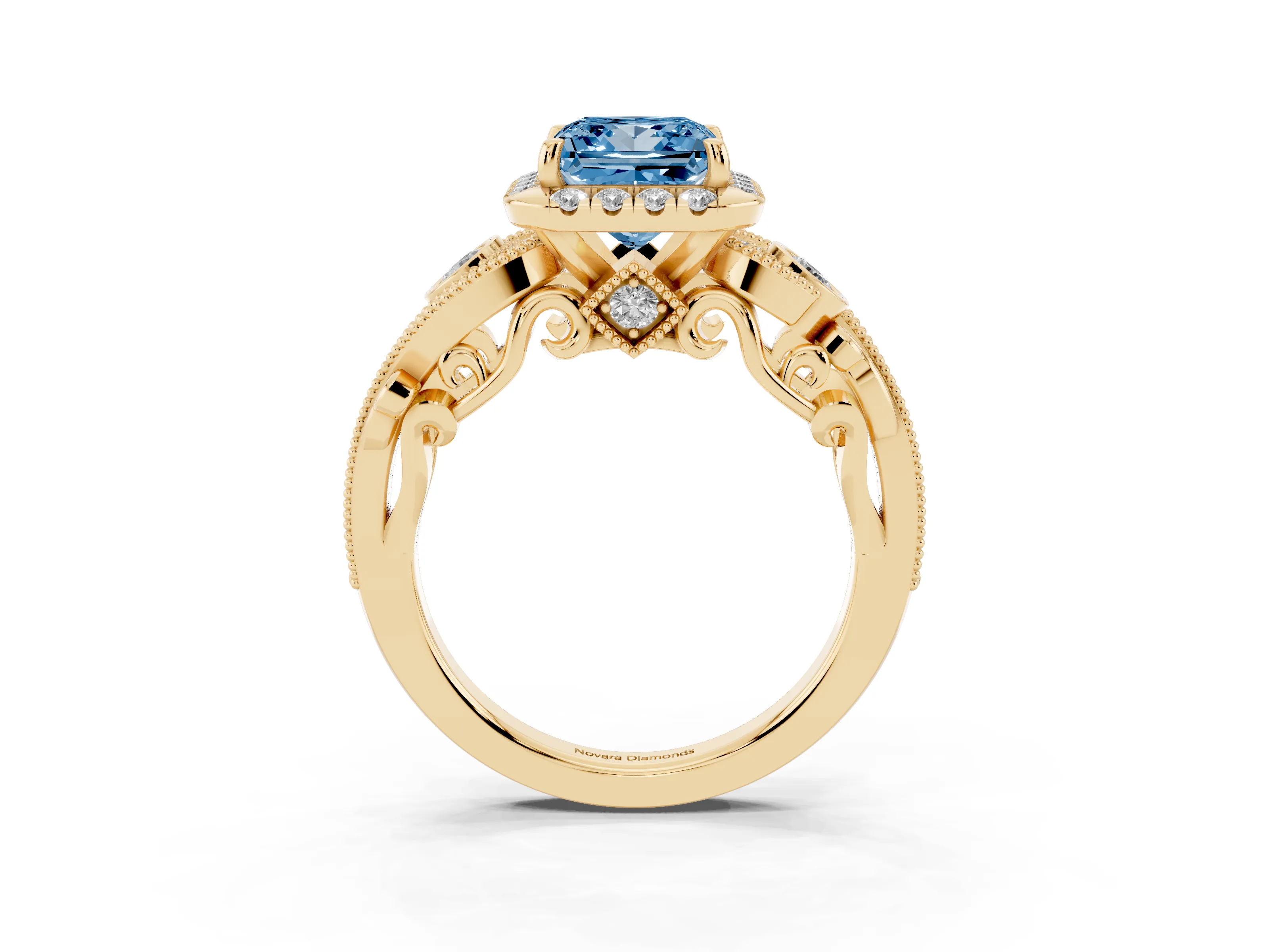 Fancy Blue Princess Cut Diamond Halo Ring Set in Yellow gold with Milgrain Pavé Band and Prong Setting