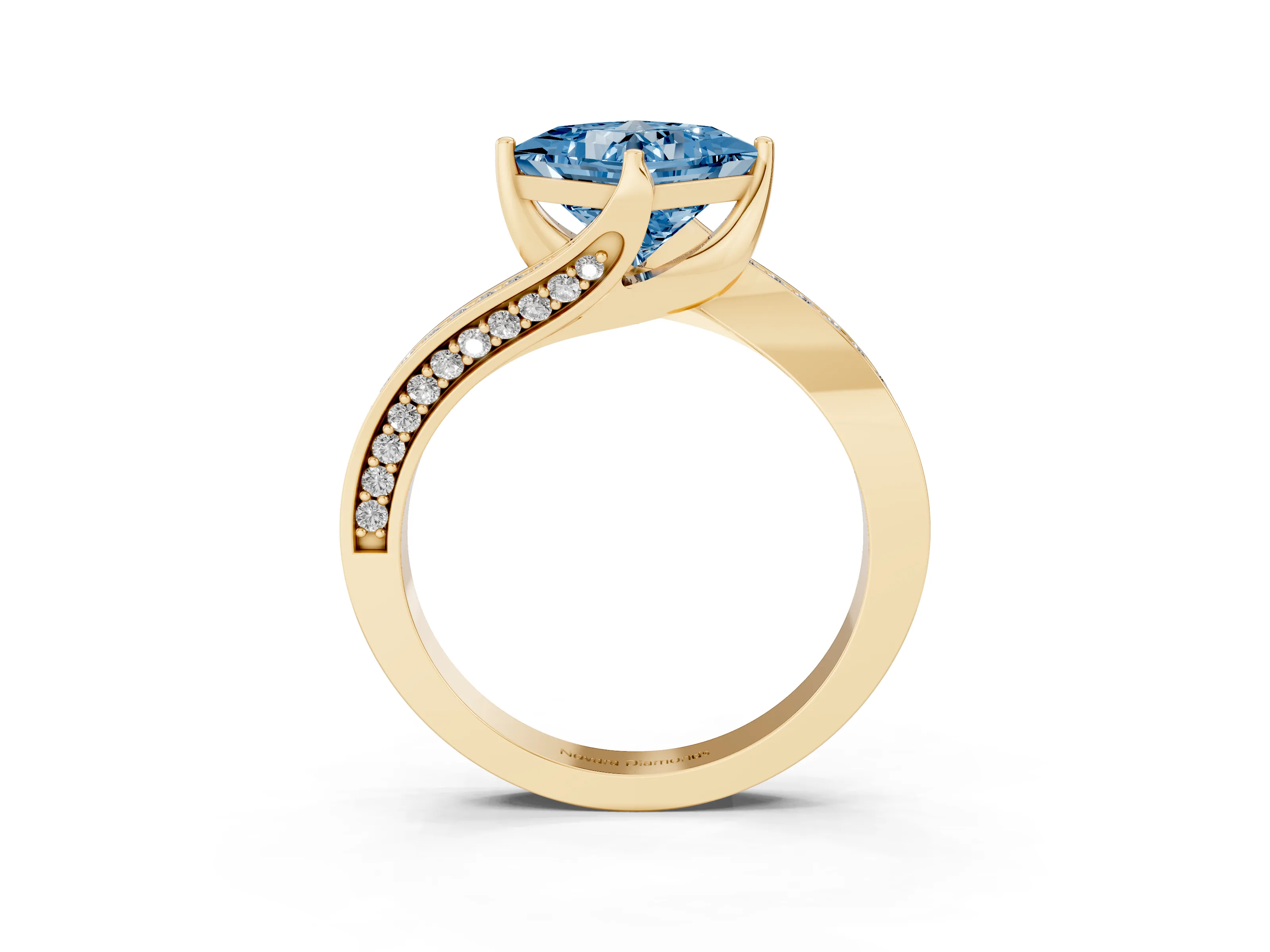 Fancy Blue Princess Cut Diamond Solitaire Ring Set in Yellow gold with Intertwined Pavé Twist Band