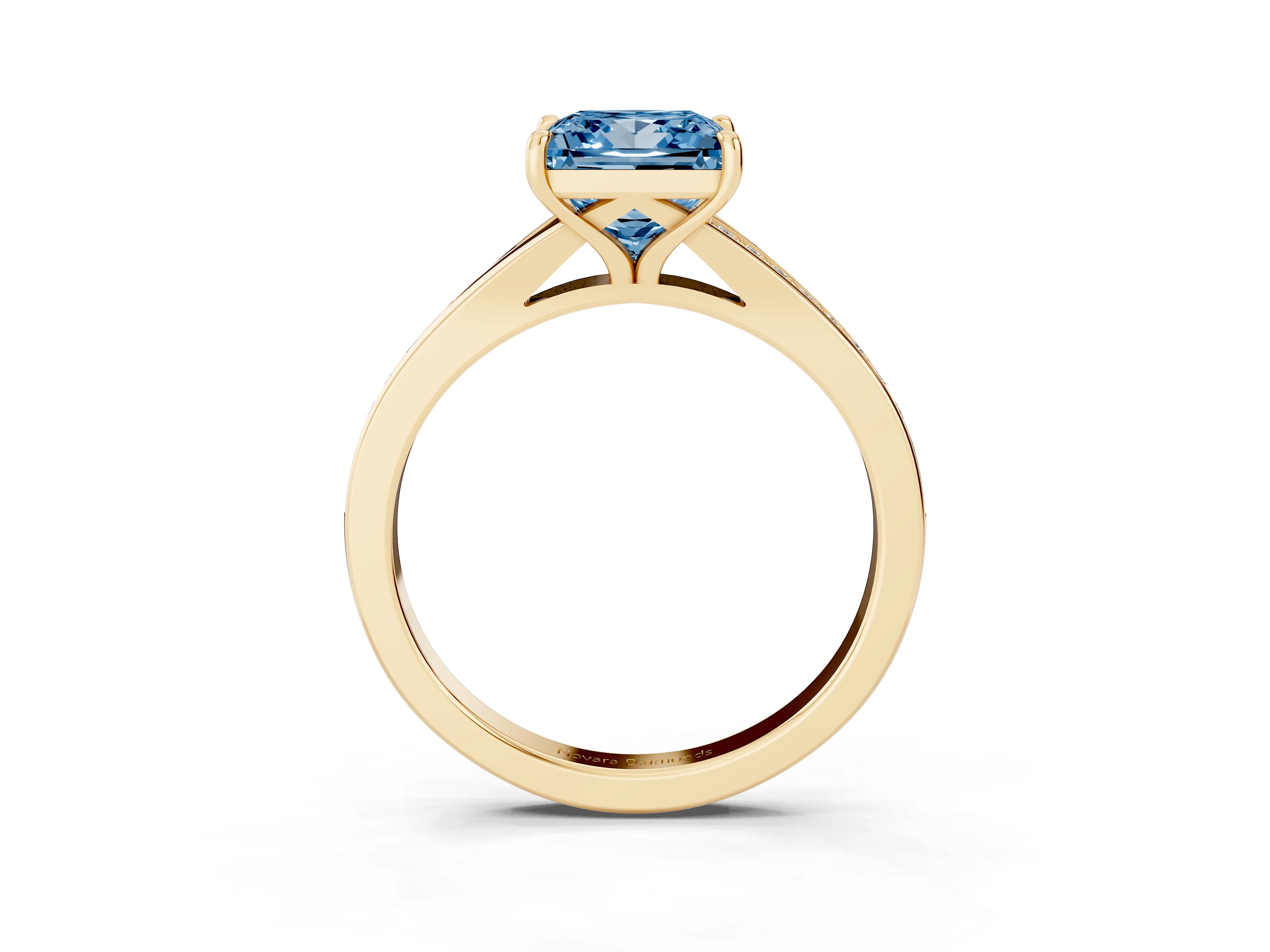 Fancy Blue Princess Cut Diamond Solitaire Ring Set in Yellow gold with Pavé Accent Band and Classic Prong Setting