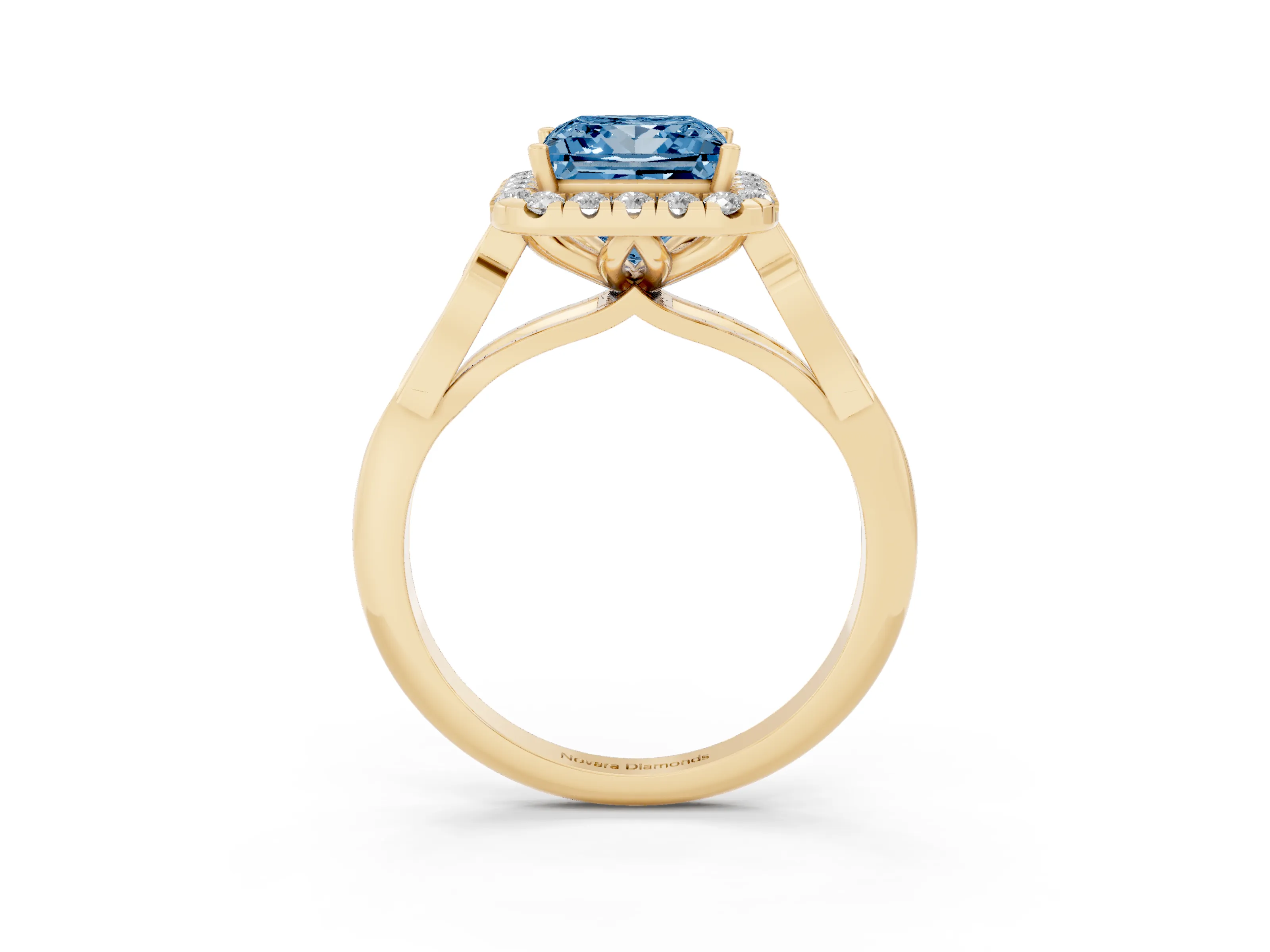 Fancy Blue Princess Cut Diamond Halo Engagement Ring Set in Yellow gold with Filigree Band and Prong-Set Center