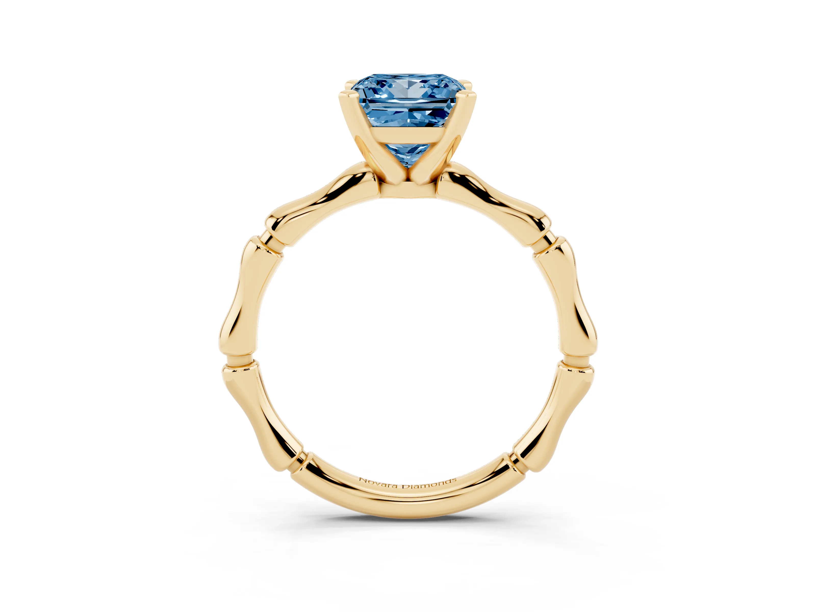 Fancy Blue Princess Cut Diamond Solitaire Ring Set in Yellow gold with Bamboo Band and Prong Setting