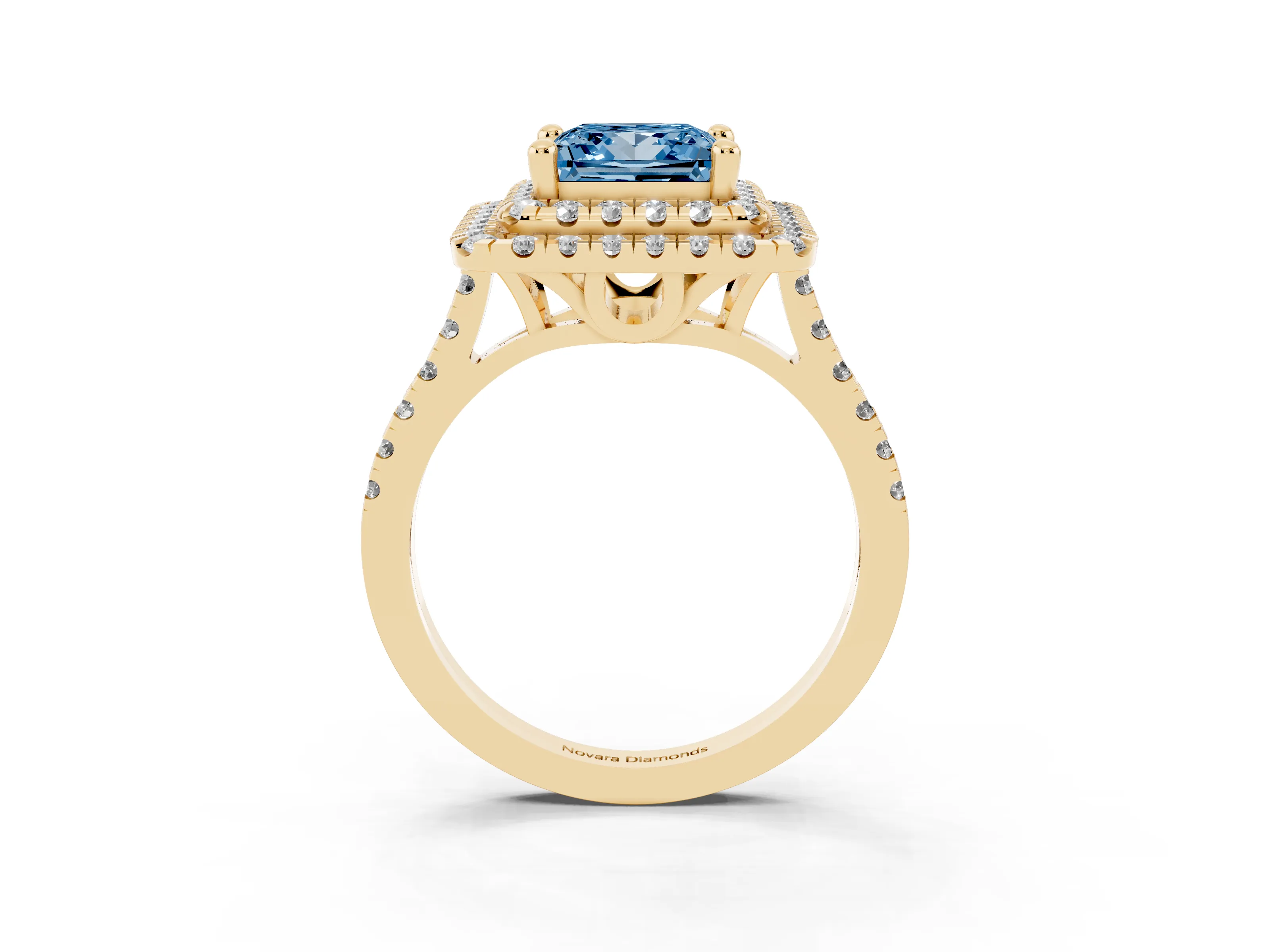 Fancy Blue Princess Cut Diamond Double Halo Statement Ring Set in Yellow gold with Pavé Band