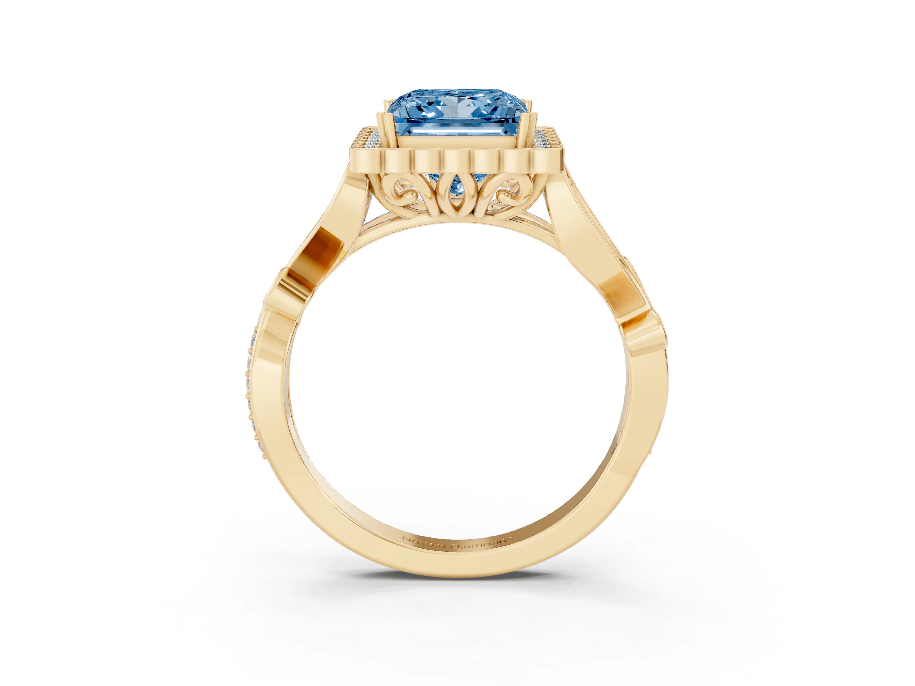 Fancy Blue Princess Cut Diamond Halo Ring Set in Yellow gold with Leaf Motif Split Shank and Prong Setting