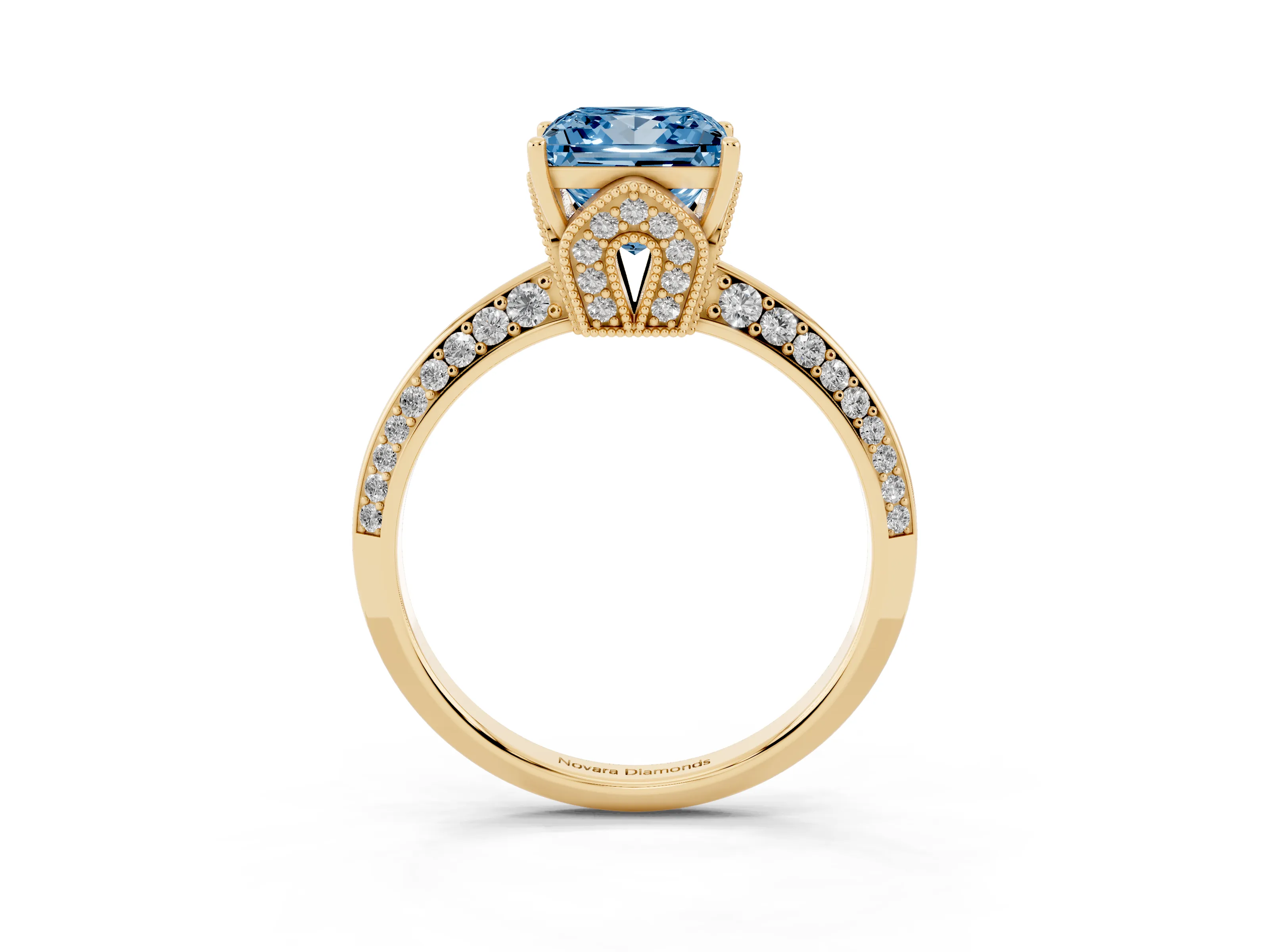 Fancy Blue Princess Cut Diamond Solitaire Engagement Ring Set in Yellow gold with Pavé Split Shank and Prong Setting