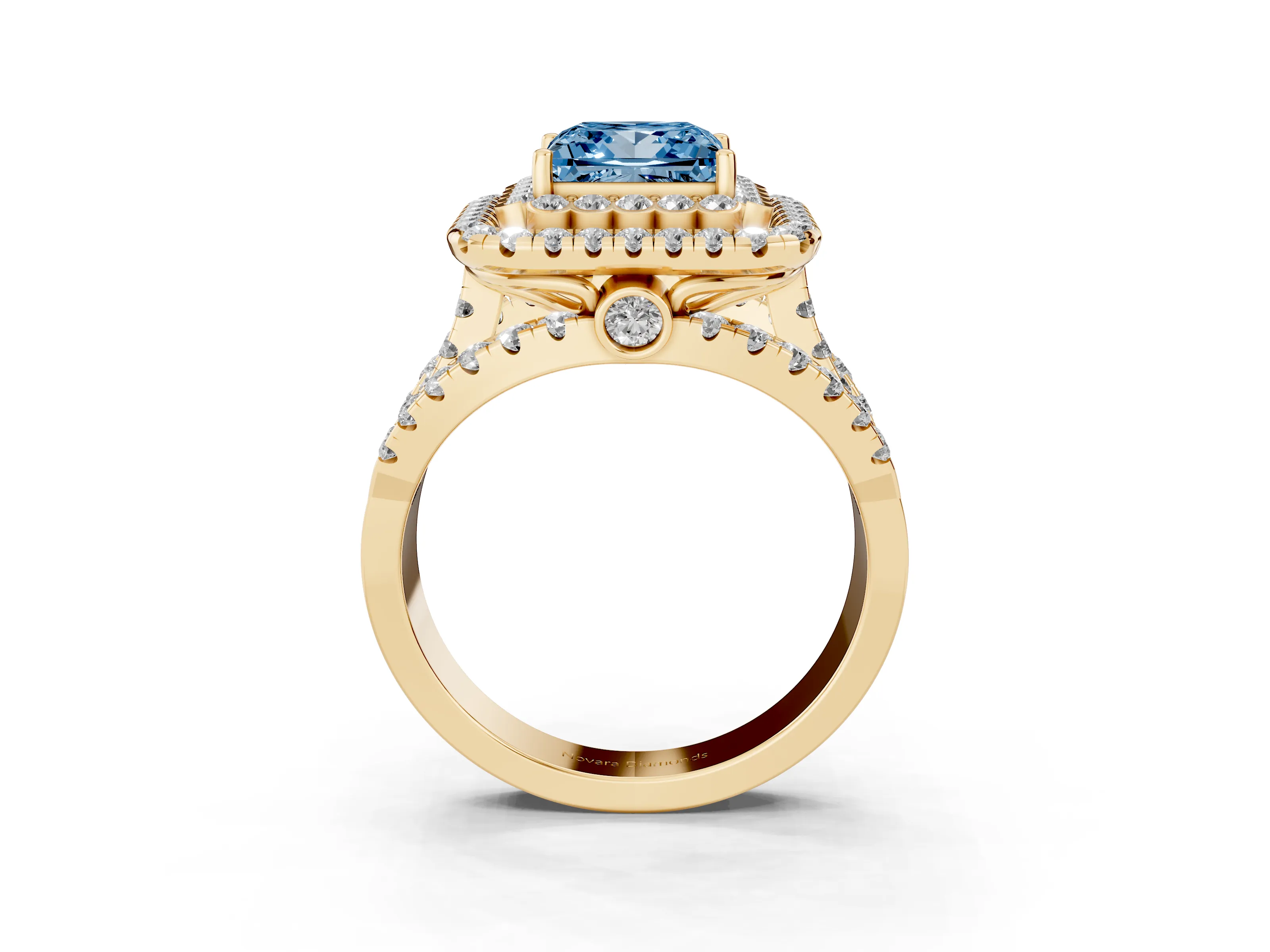 Fancy Blue Princess Cut Diamond Double Halo Ring Set in Yellow gold with Round Pavé Split Shank