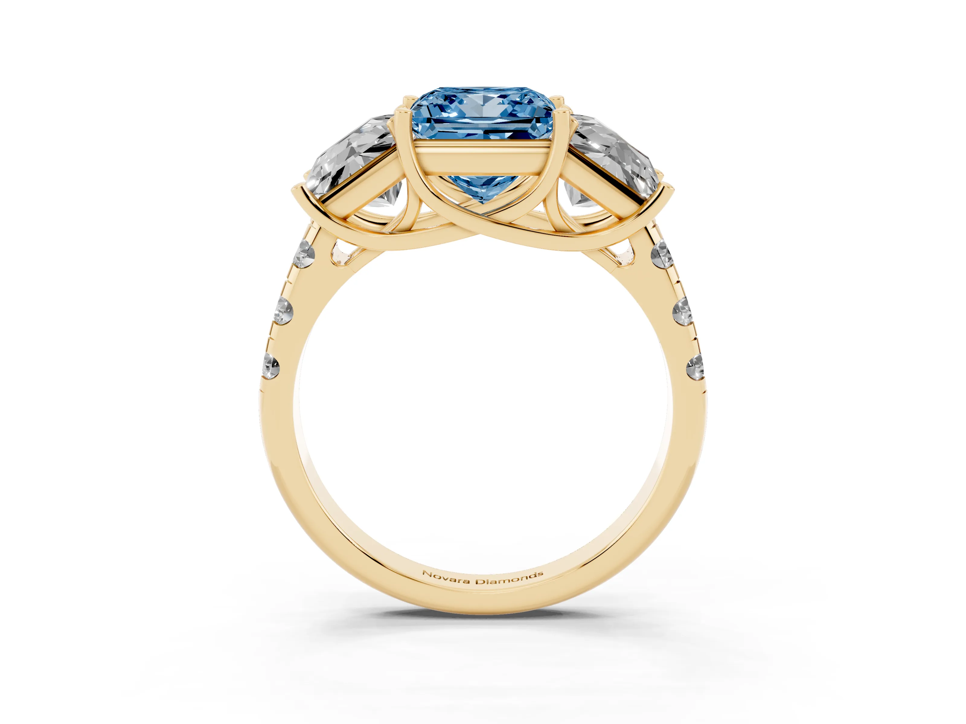 Fancy Blue Princess Cut Diamond Three-Stone Ring Set in Yellow gold with Pavé Band