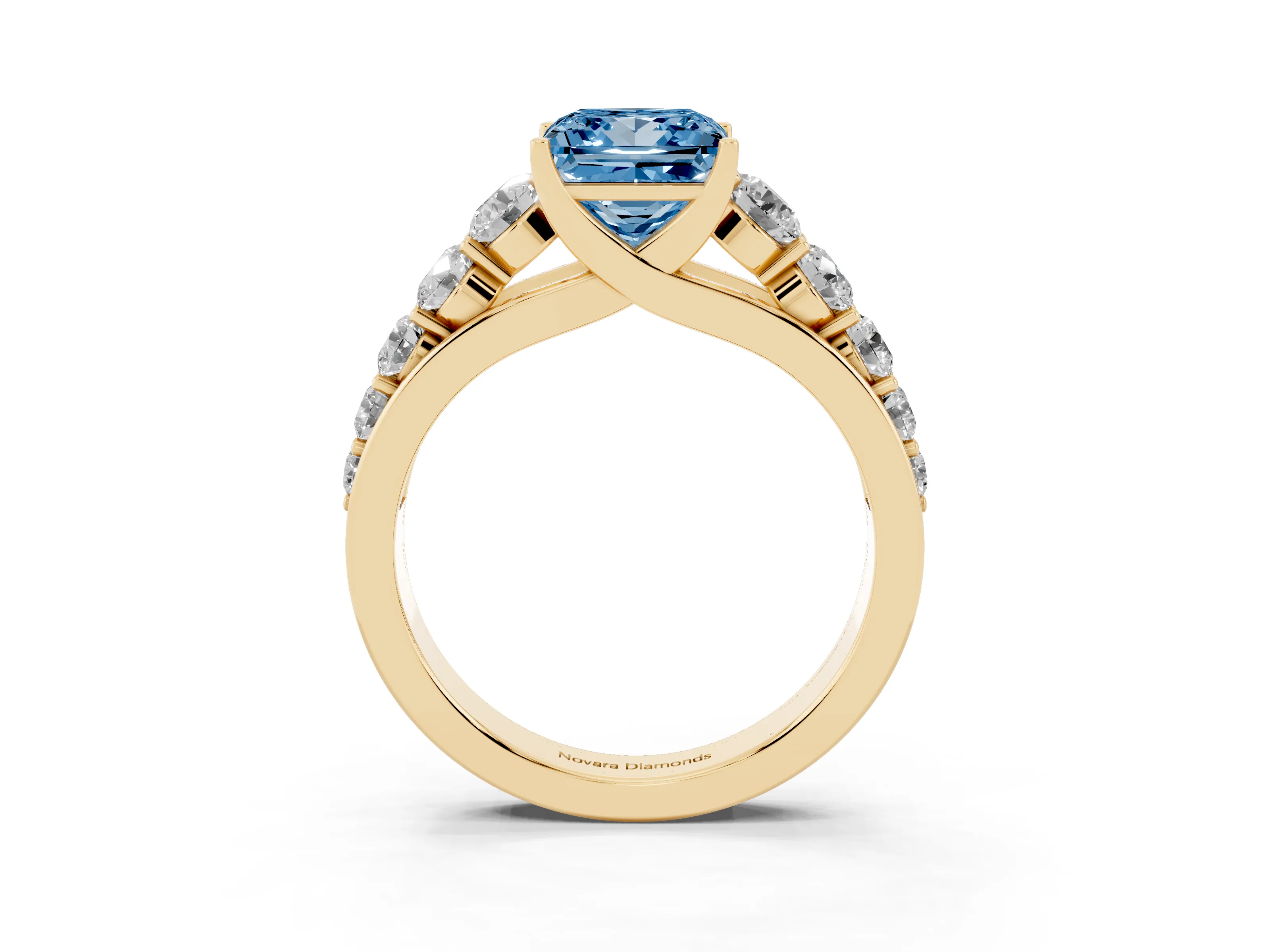 Fancy Blue Princess Cut Diamond Solitaire Ring Set in Yellow gold with Pavé-Set Band and Prong Setting