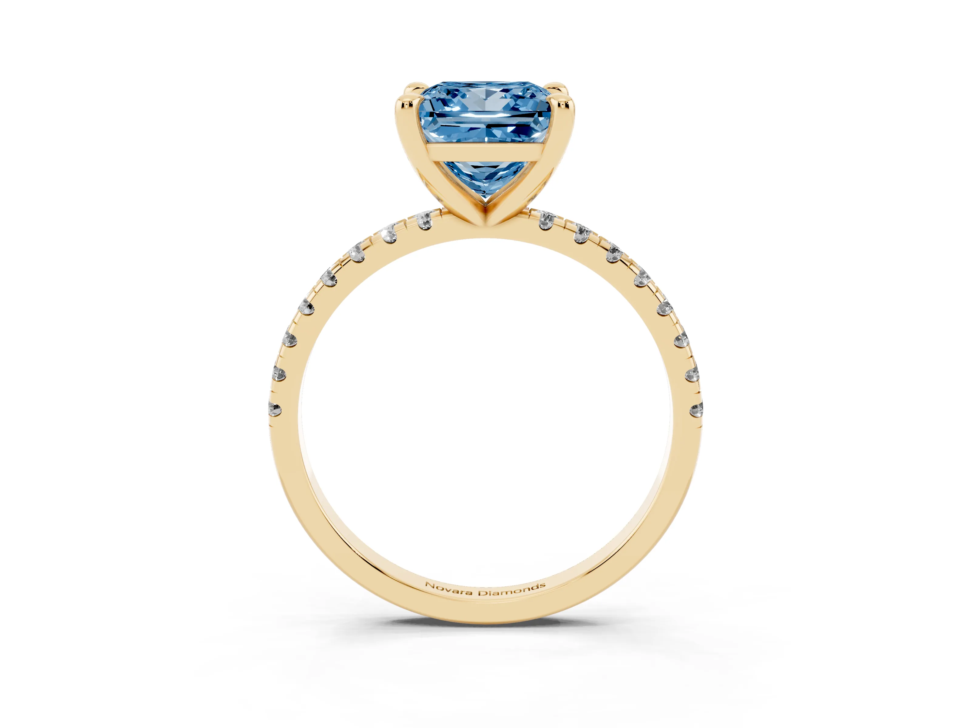 Fancy Blue Princess Cut Diamond Brilliant Solitaire Ring Set in Yellow gold with Pavé Band and Prong Setting