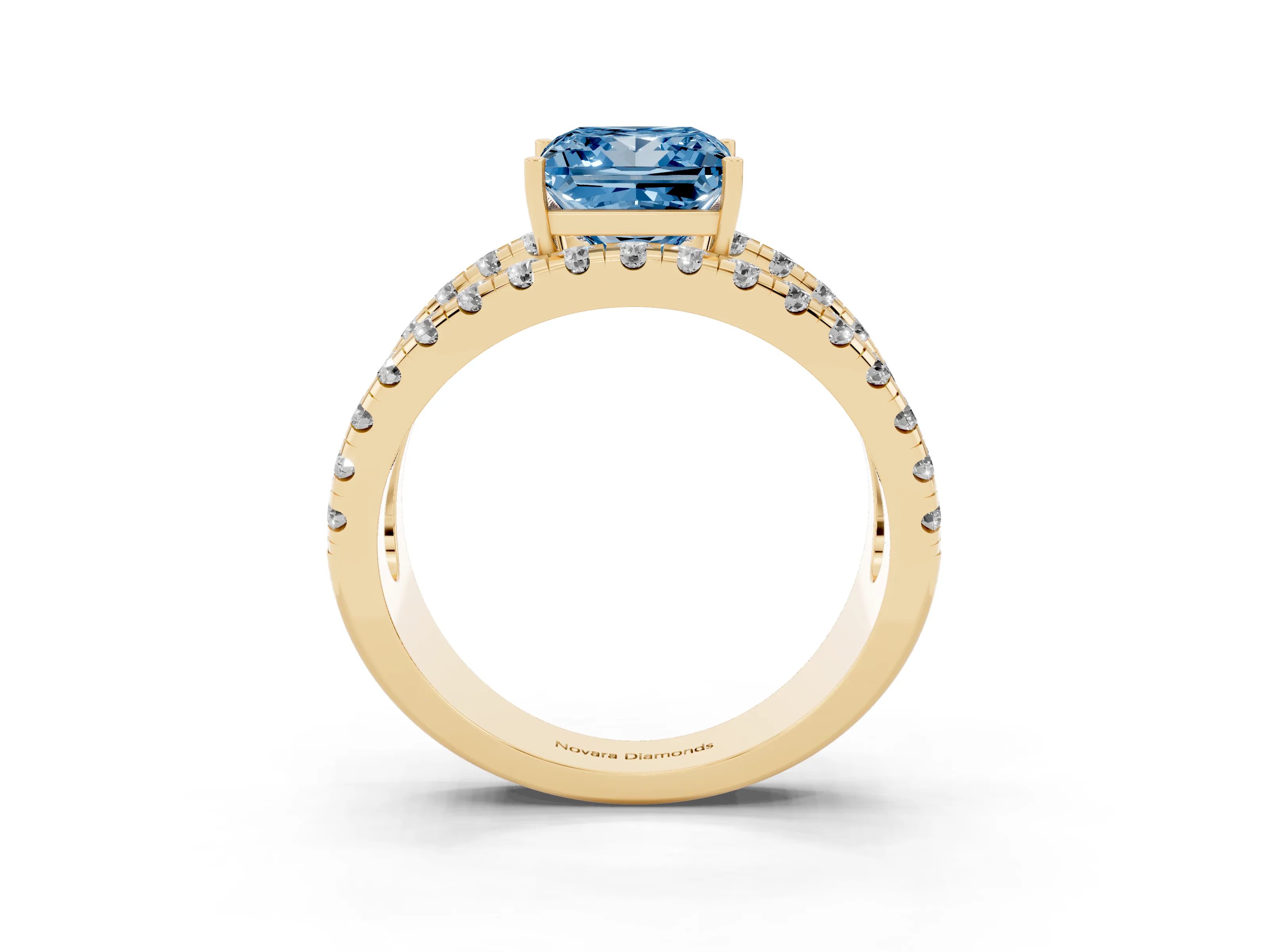 Fancy Blue Princess Cut Diamond Split Shank Pavé Solitaire Ring Set in Yellow gold with Open Shank Design