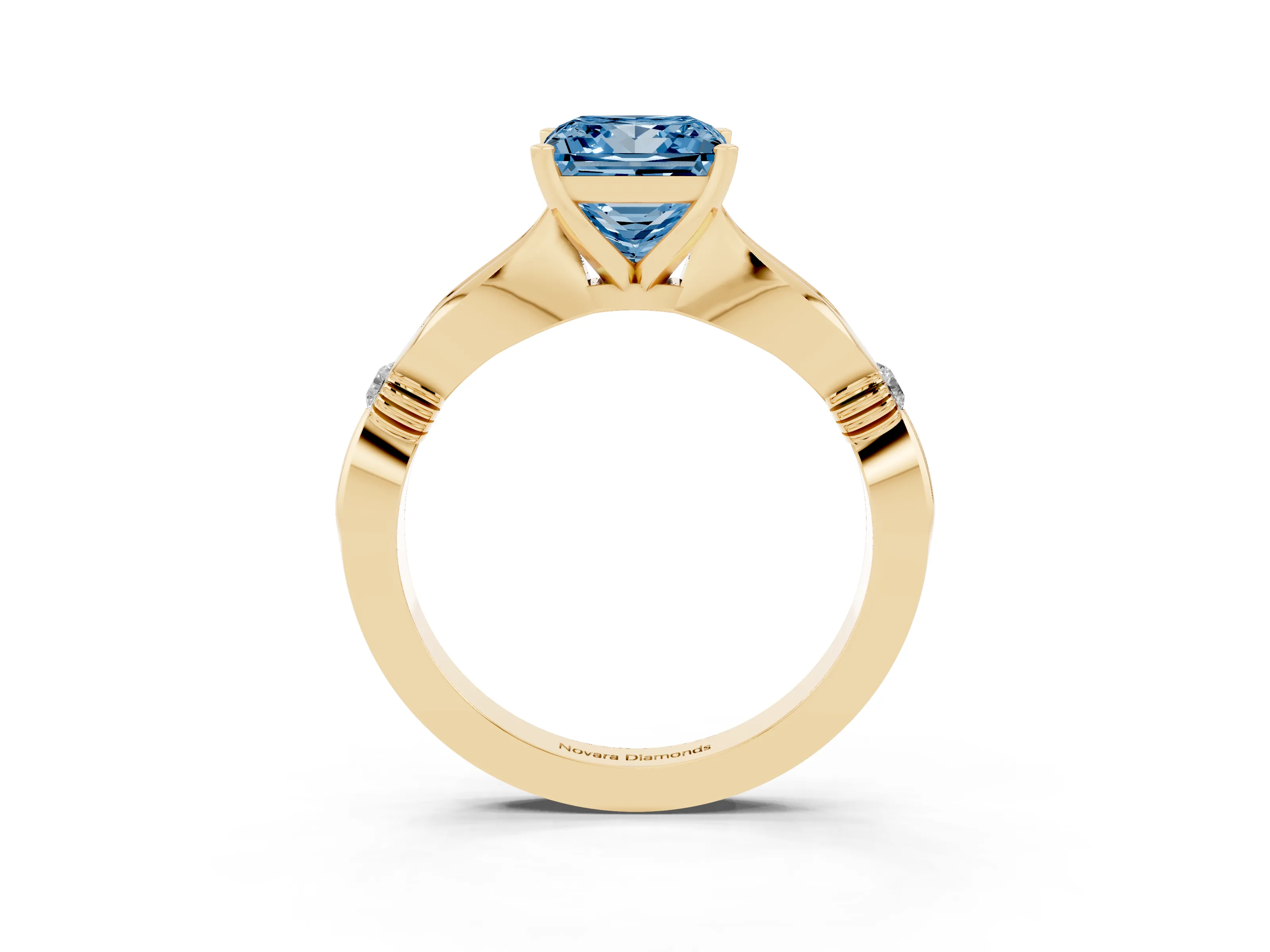 Fancy Blue Princess Cut Diamond Solitaire Twisted Band Ring Set in Yellow gold with Accent Stones and Prong Setting