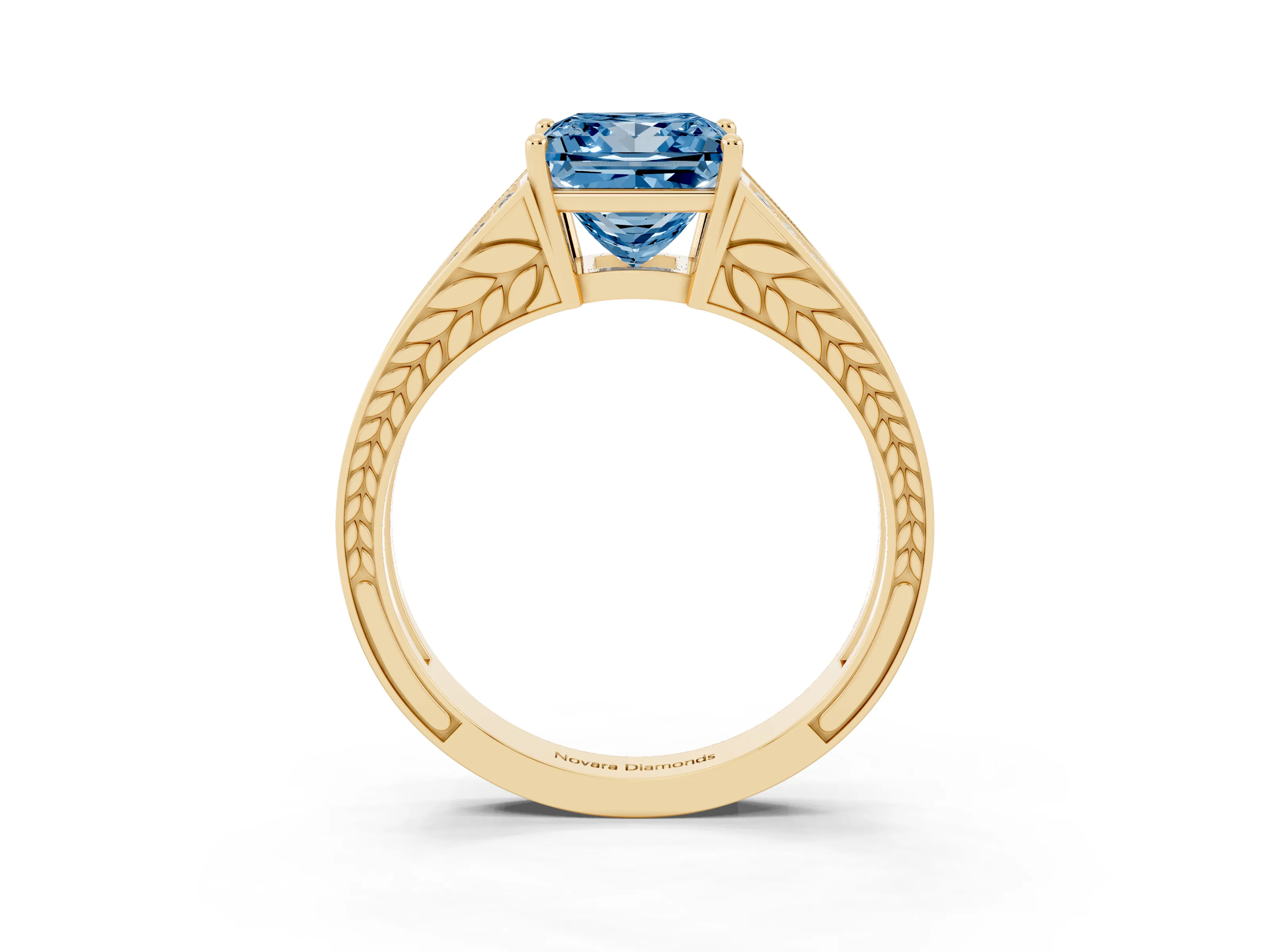 Fancy Blue Princess Cut Diamond Split Shank Ring Set in Yellow gold with Pavé Band and Prong Setting
