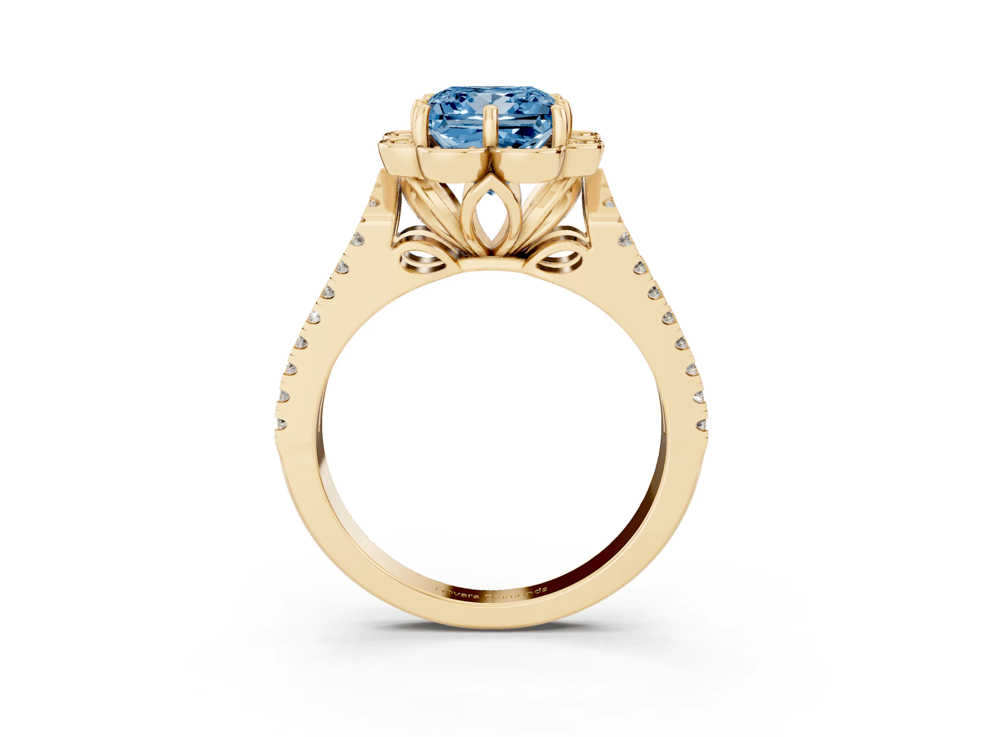 Fancy Blue Princess Cut Diamond Floral Halo Split Shank Engagement Ring Set in Yellow gold with Pavé Shank