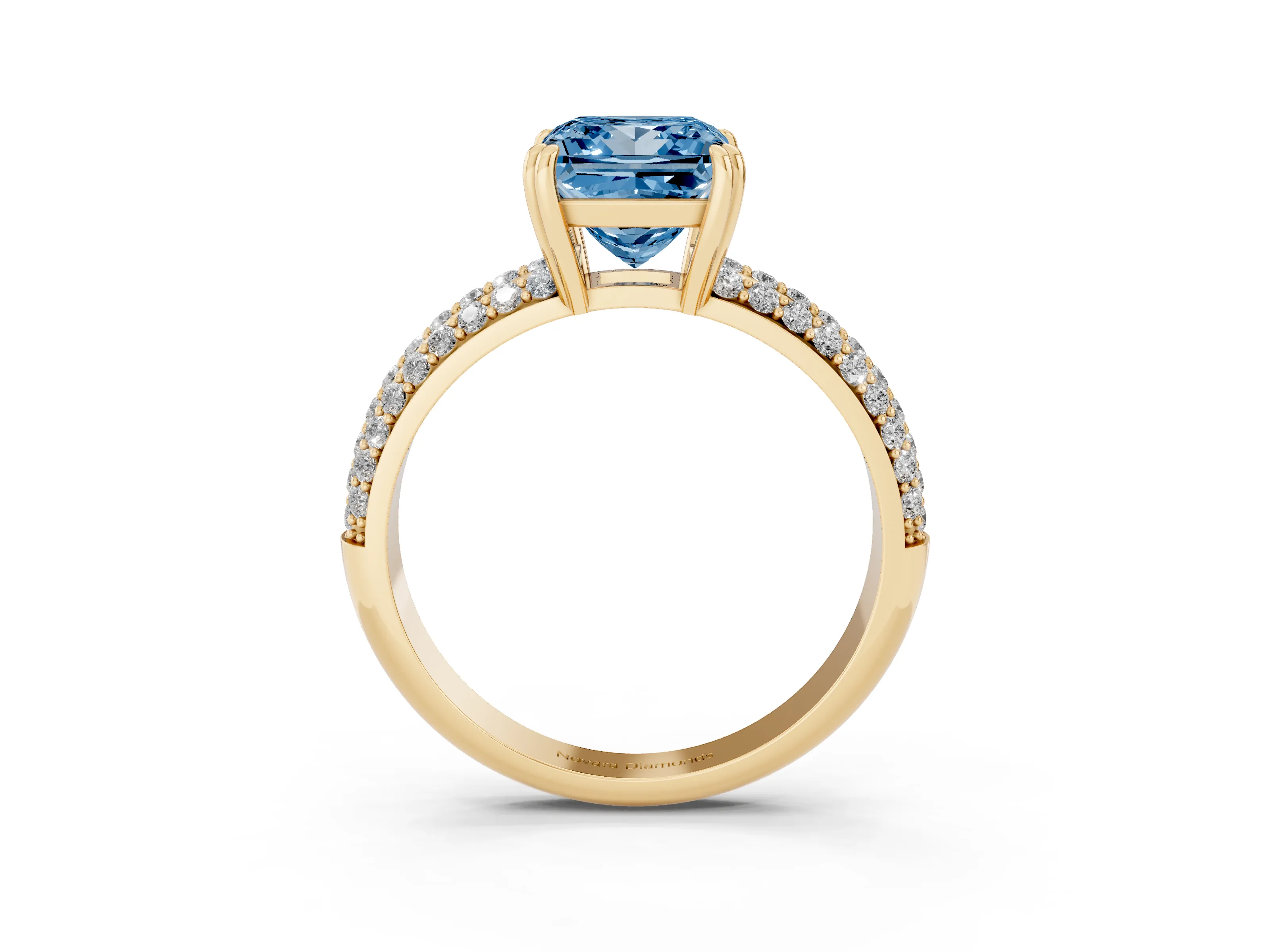 Fancy Blue Princess Cut Diamond Solitaire Ring Set in Yellow gold with Multi-Row Round Pavé Band and Prong Setting