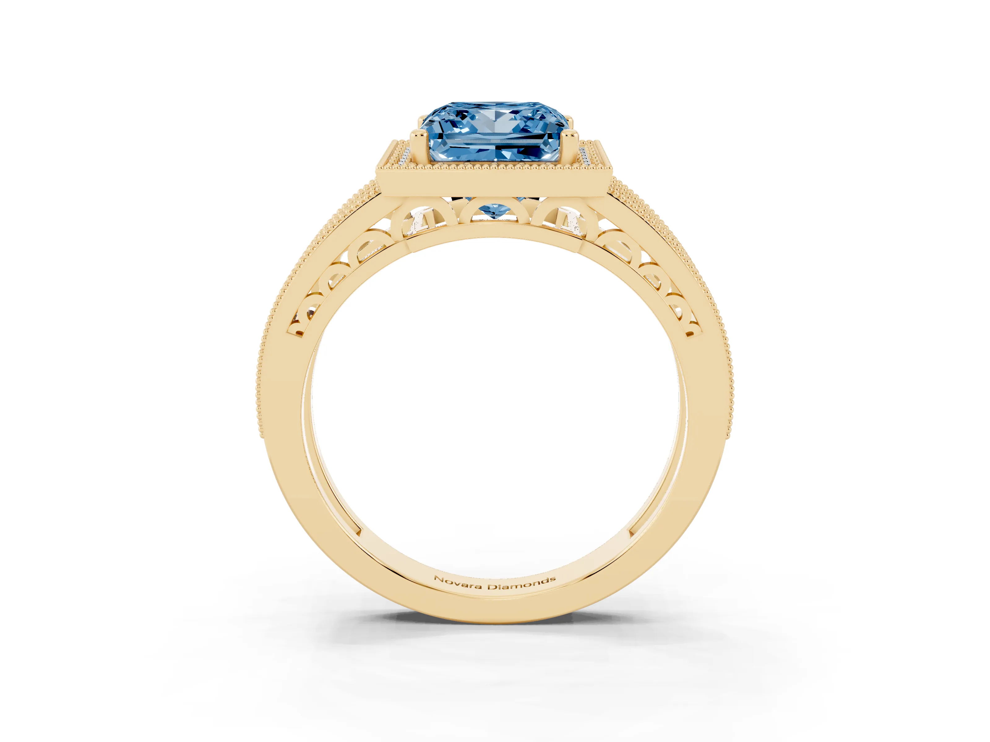 Fancy Blue Princess Cut Diamond Halo Ring Set in Yellow gold with Accent Split Shank and Prong Setting