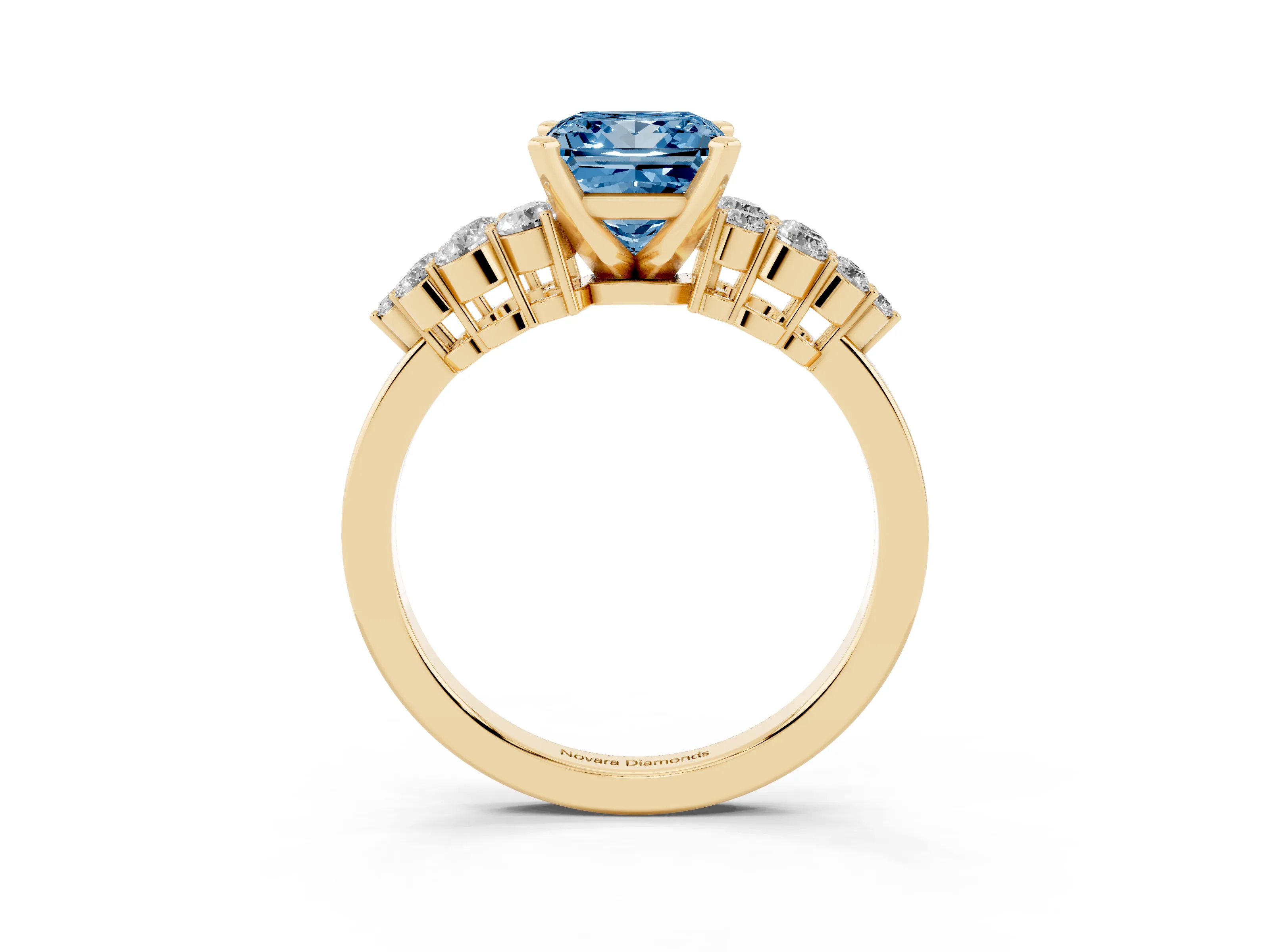 Fancy Blue Princess Cut Diamond Cluster Engagement Ring Set in Yellow gold with Pavé Band and Prong Setting