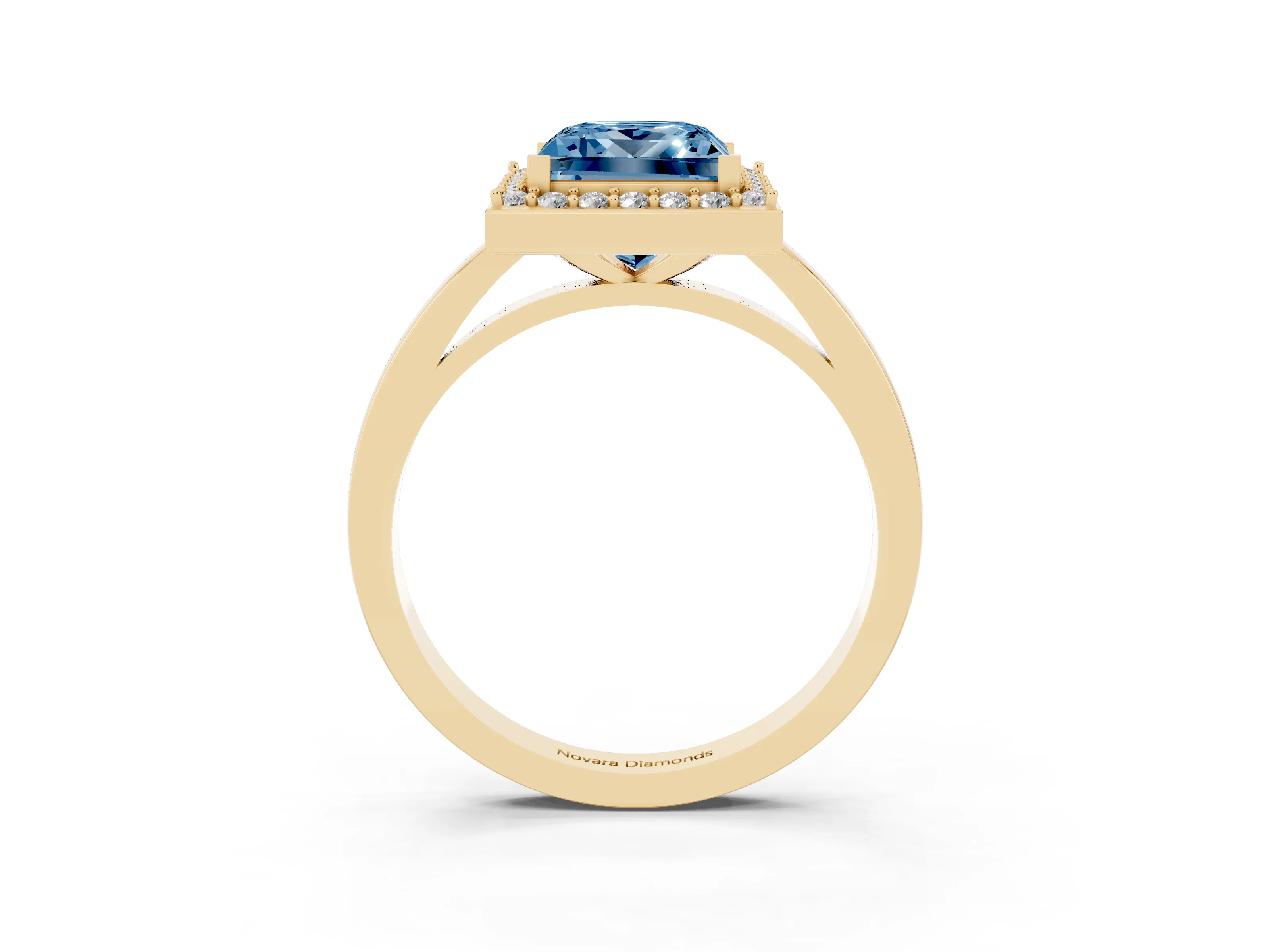 Fancy Blue Princess Cut Diamond Halo Ring Set in Yellow gold with Solitaire Band and Prong Setting