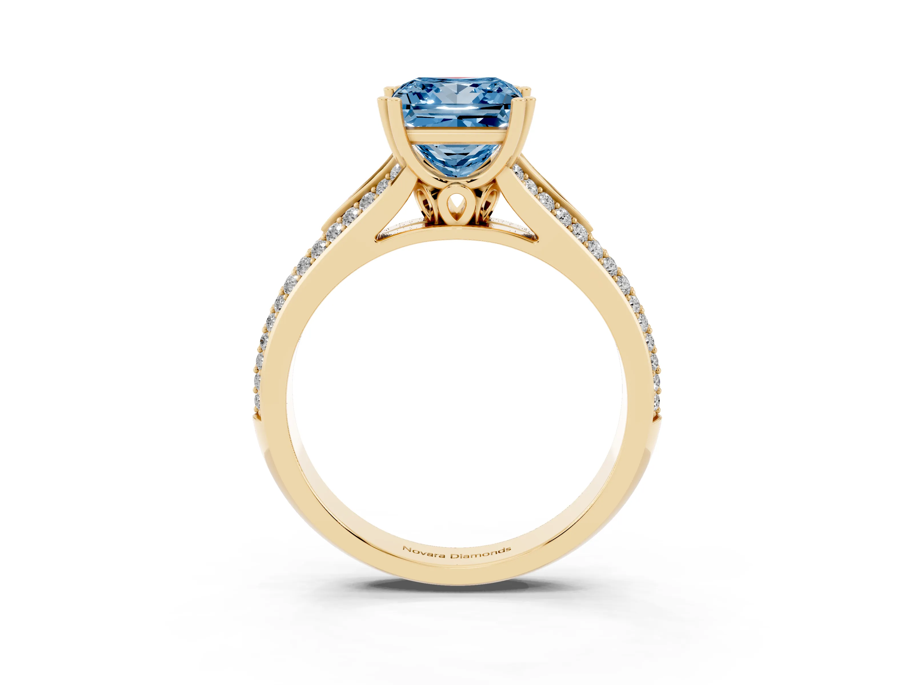 Fancy Blue Princess Cut Diamond Split Shank Pavé Engagement Ring Set in Yellow gold with Prong-Set Center Stone