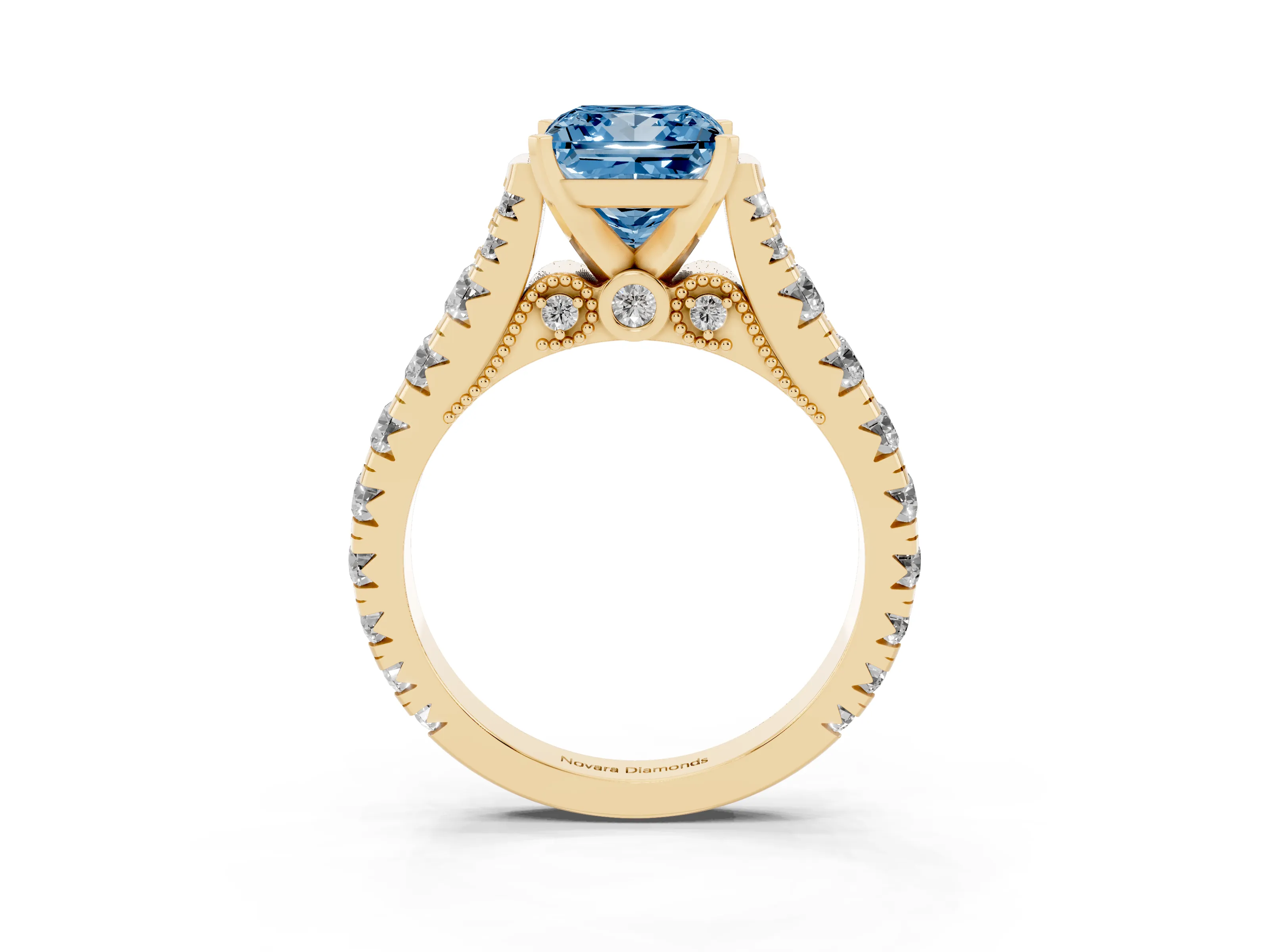 Fancy Blue Princess Cut Diamond Classic Solitaire Ring Set in Yellow gold with Pavé Band and Prong Setting