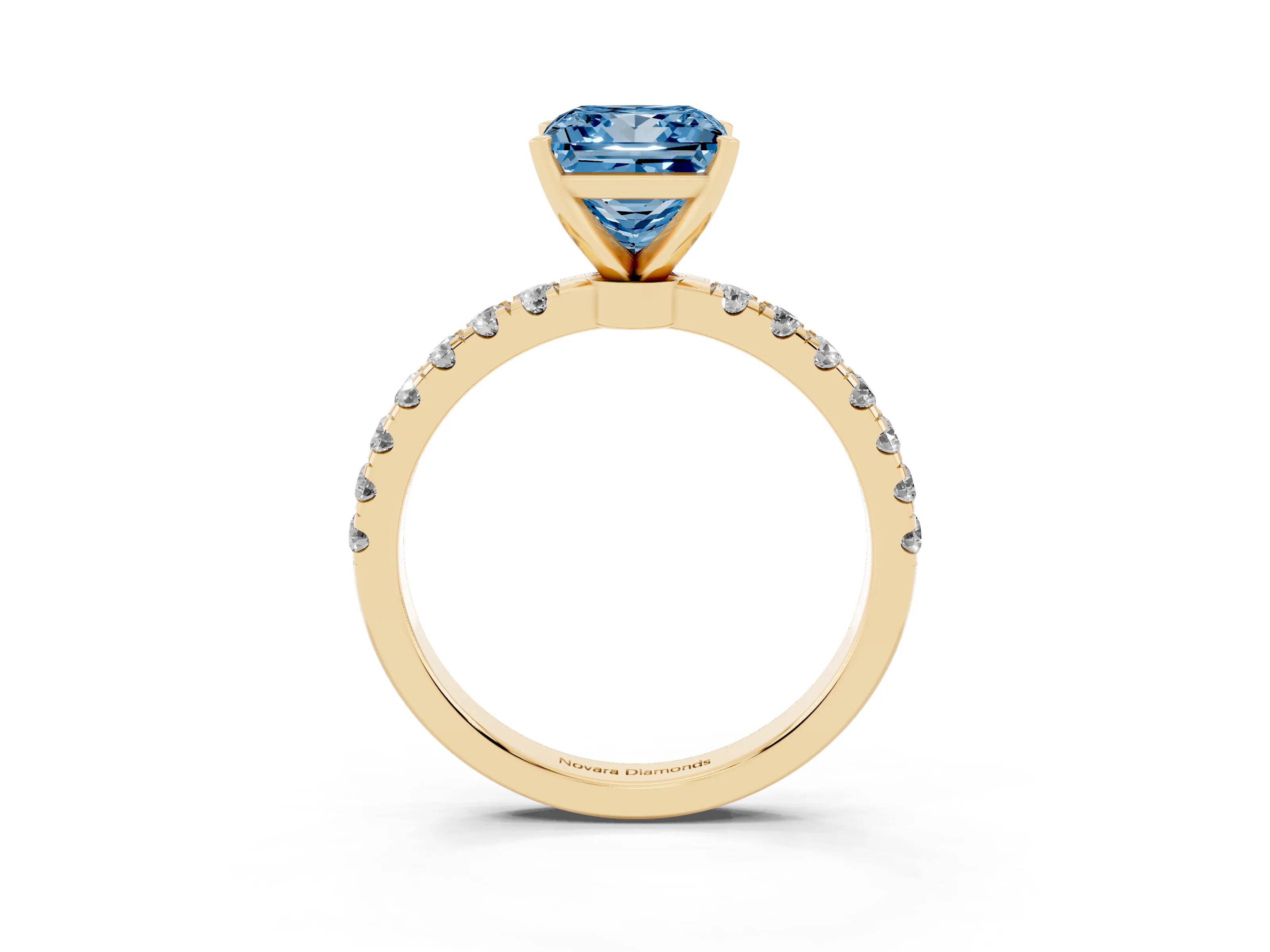 Fancy Blue Princess Cut Diamond Solitaire Ring Set in Yellow gold with Pavé Accents and Prong Setting