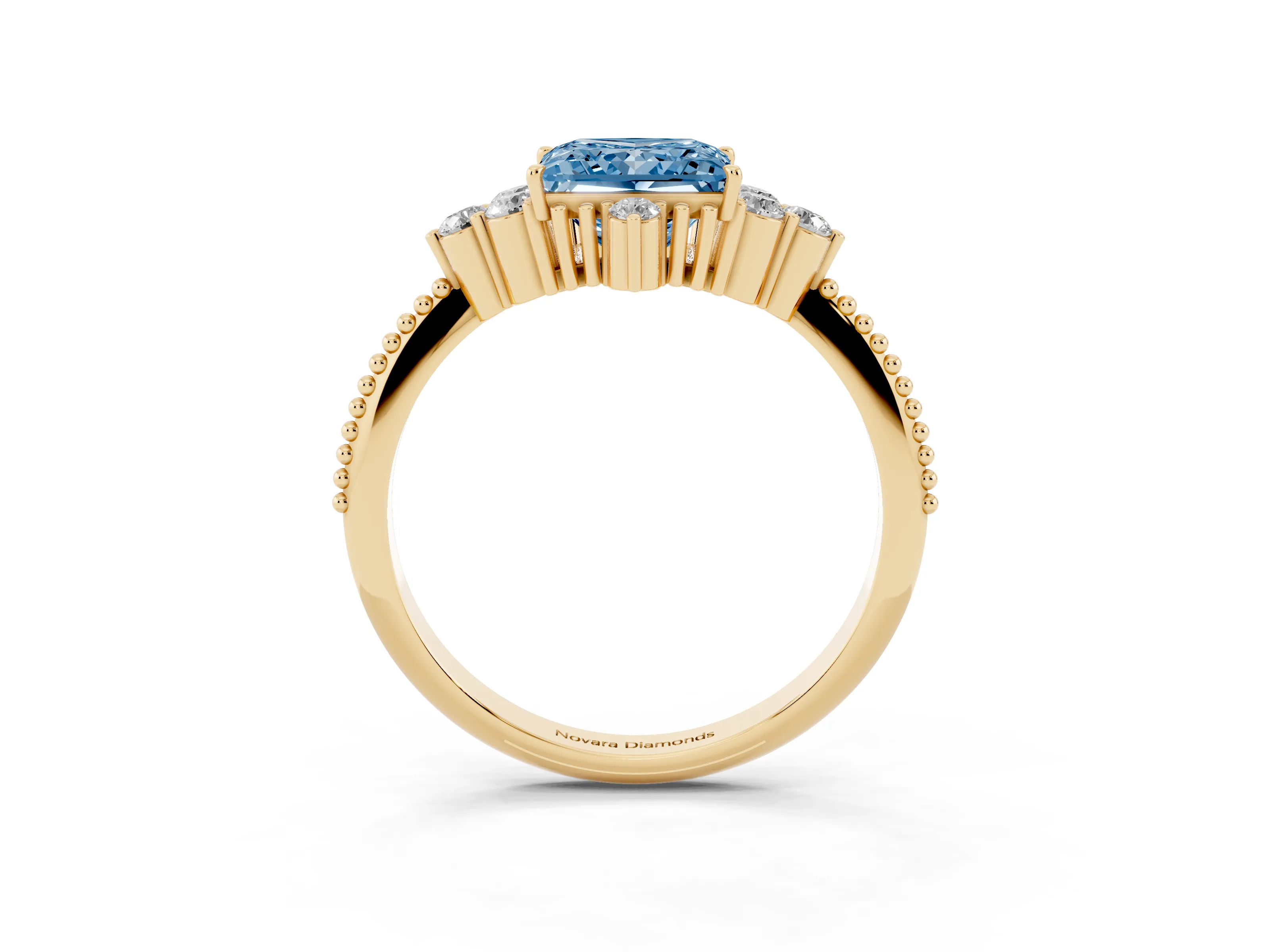 Fancy Blue Princess Cut Diamond Cluster Ring Set in Yellow gold with Beaded Band